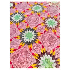Antique Early 20th Century American Touching Stars Trapunto Quilt, Raised Quilti