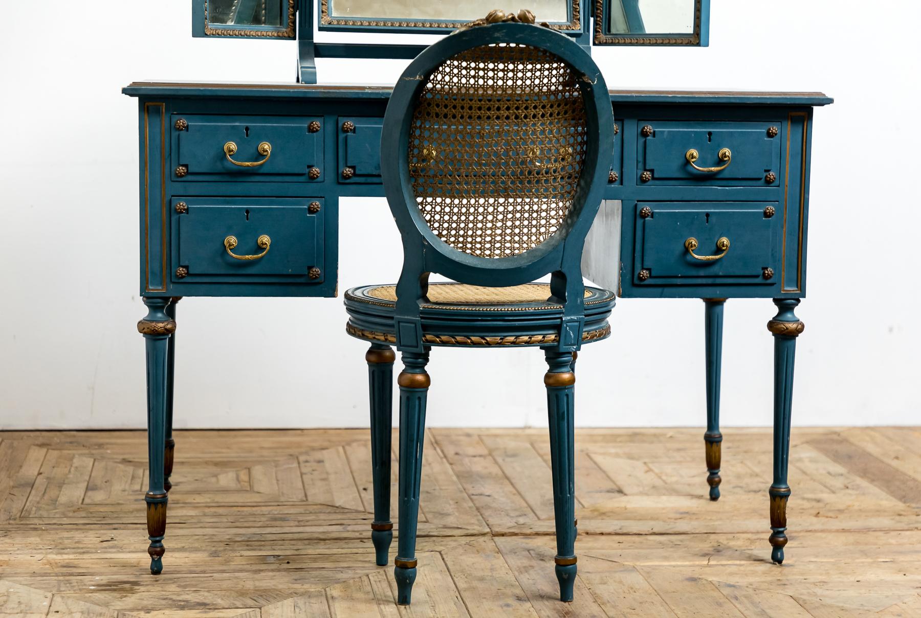 blue dressing table with mirror