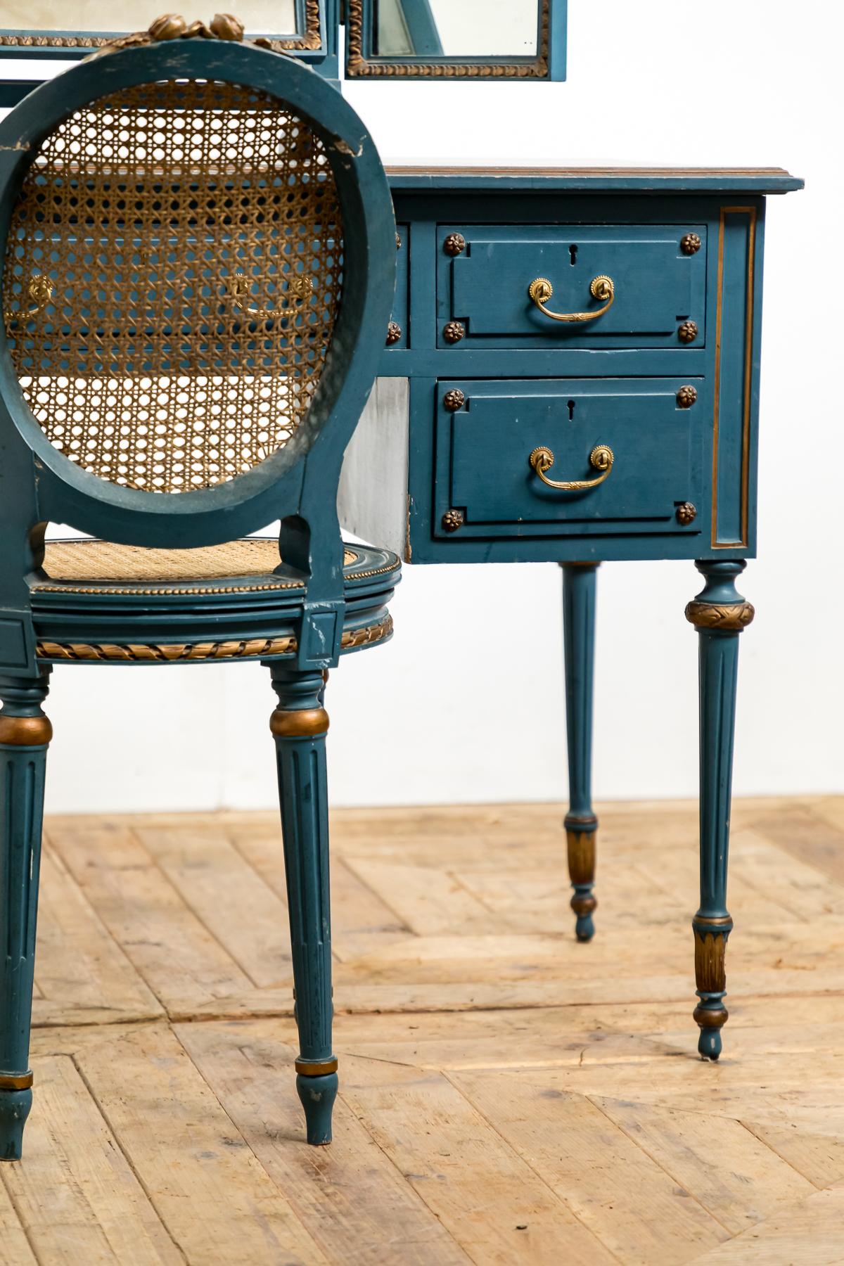 Hand-Painted Antique Early 20th Century Blue Painted Dressing Table with Mirror and Chair