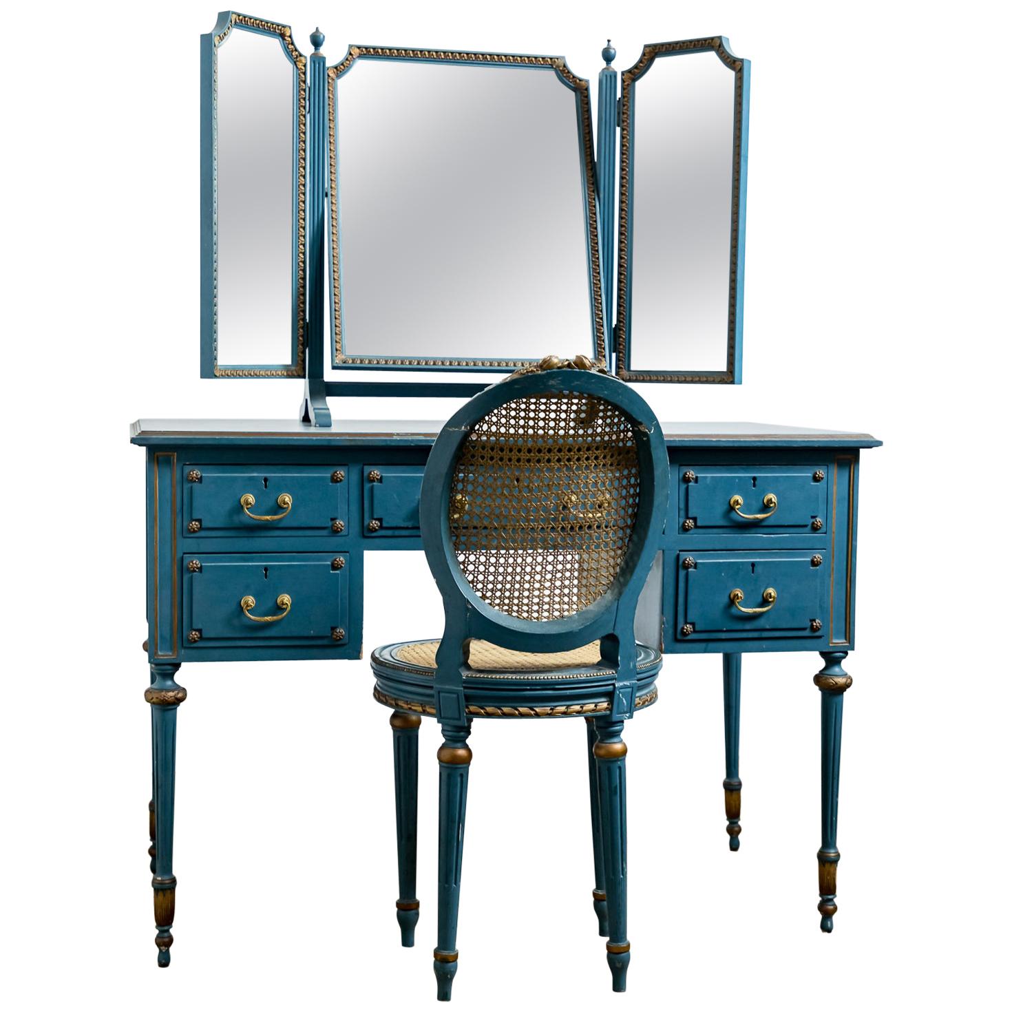 Antique Early 20th Century Blue Painted Dressing Table with Mirror and Chair
