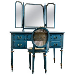 Antique Early 20th Century Blue Painted Dressing Table with Mirror and Chair