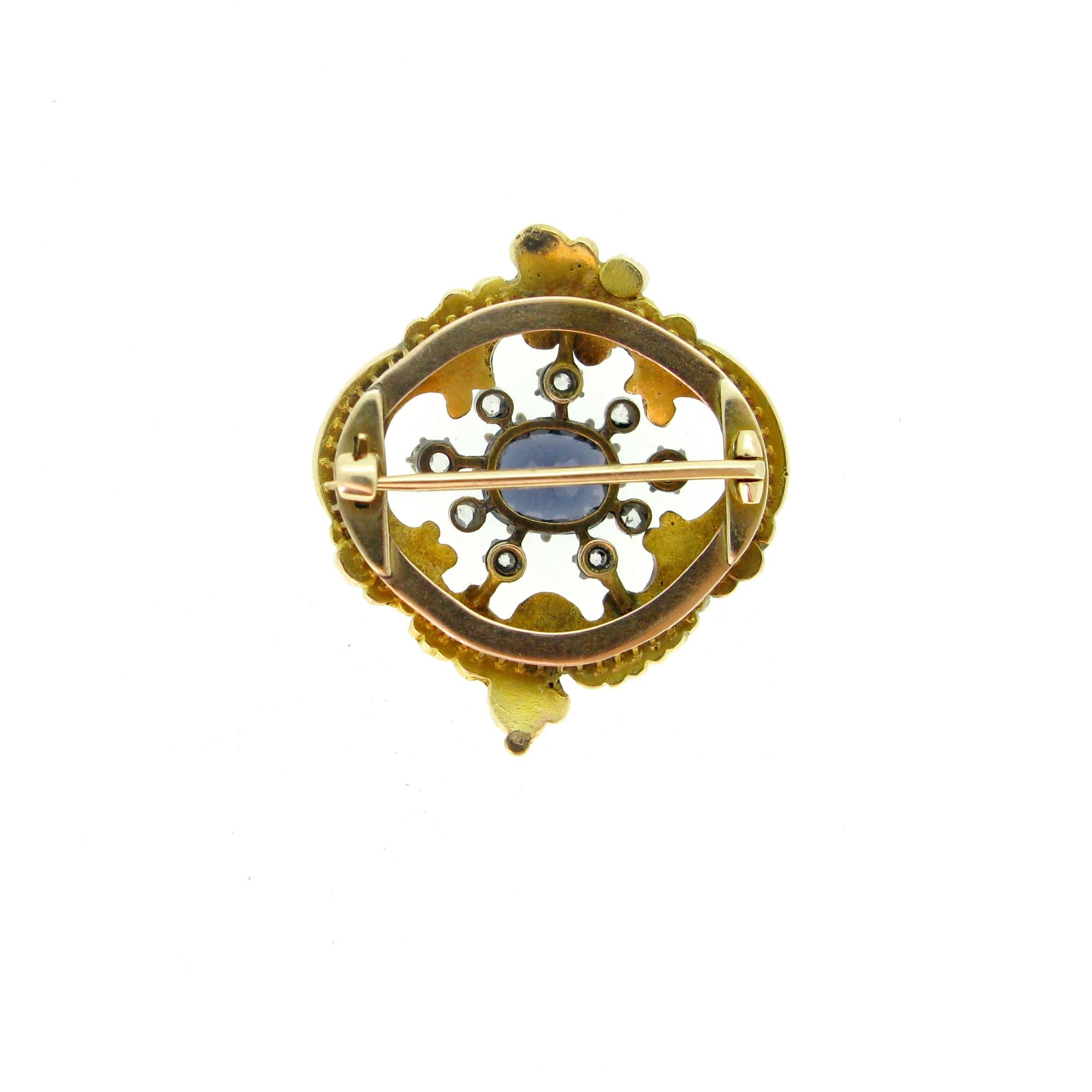 Antique Early 20th Century Blue Spinel Diamonds Emerald Ruby Yellow Gold Brooch In New Condition In London, GB