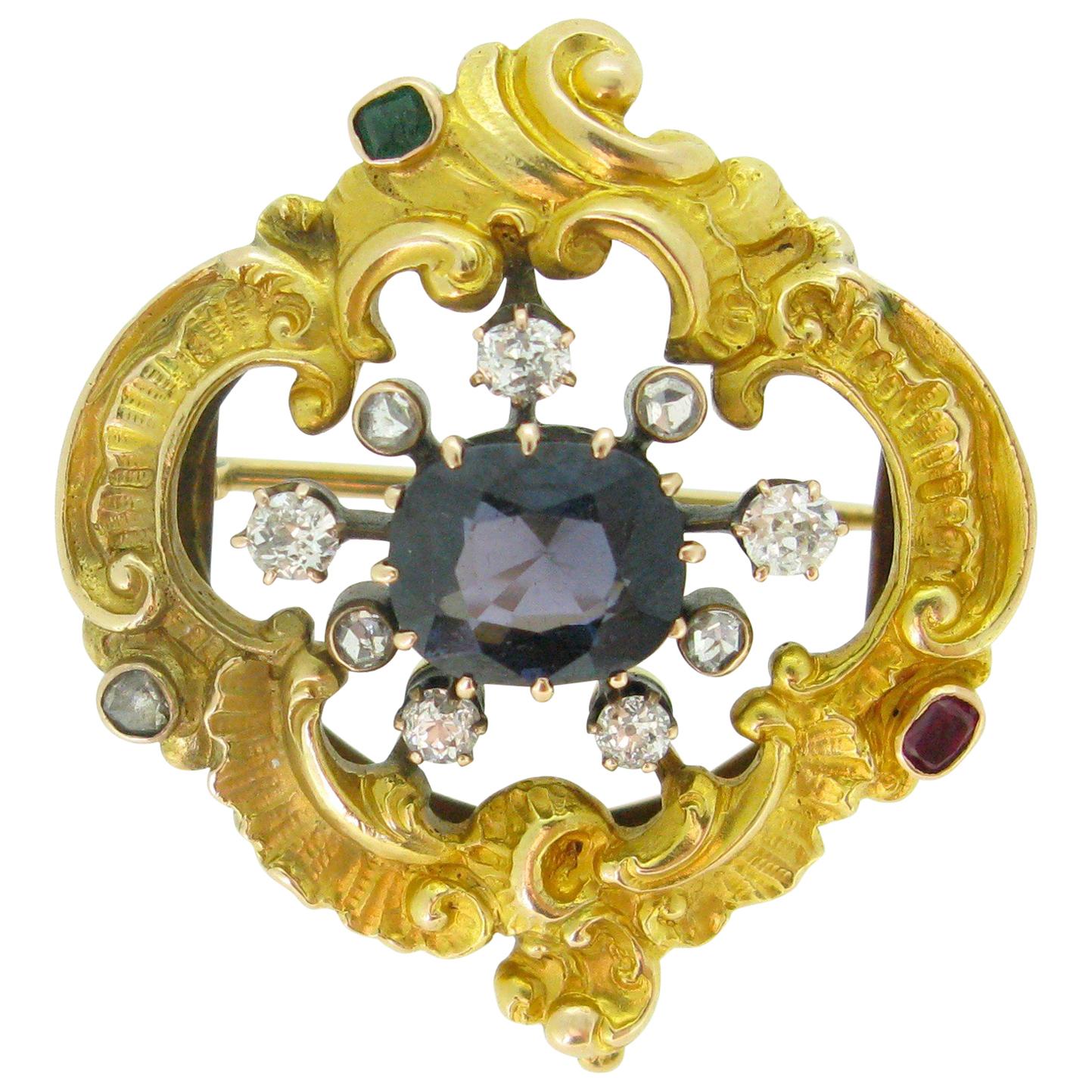 Antique Early 20th Century Blue Spinel Diamonds Emerald Ruby Yellow Gold Brooch
