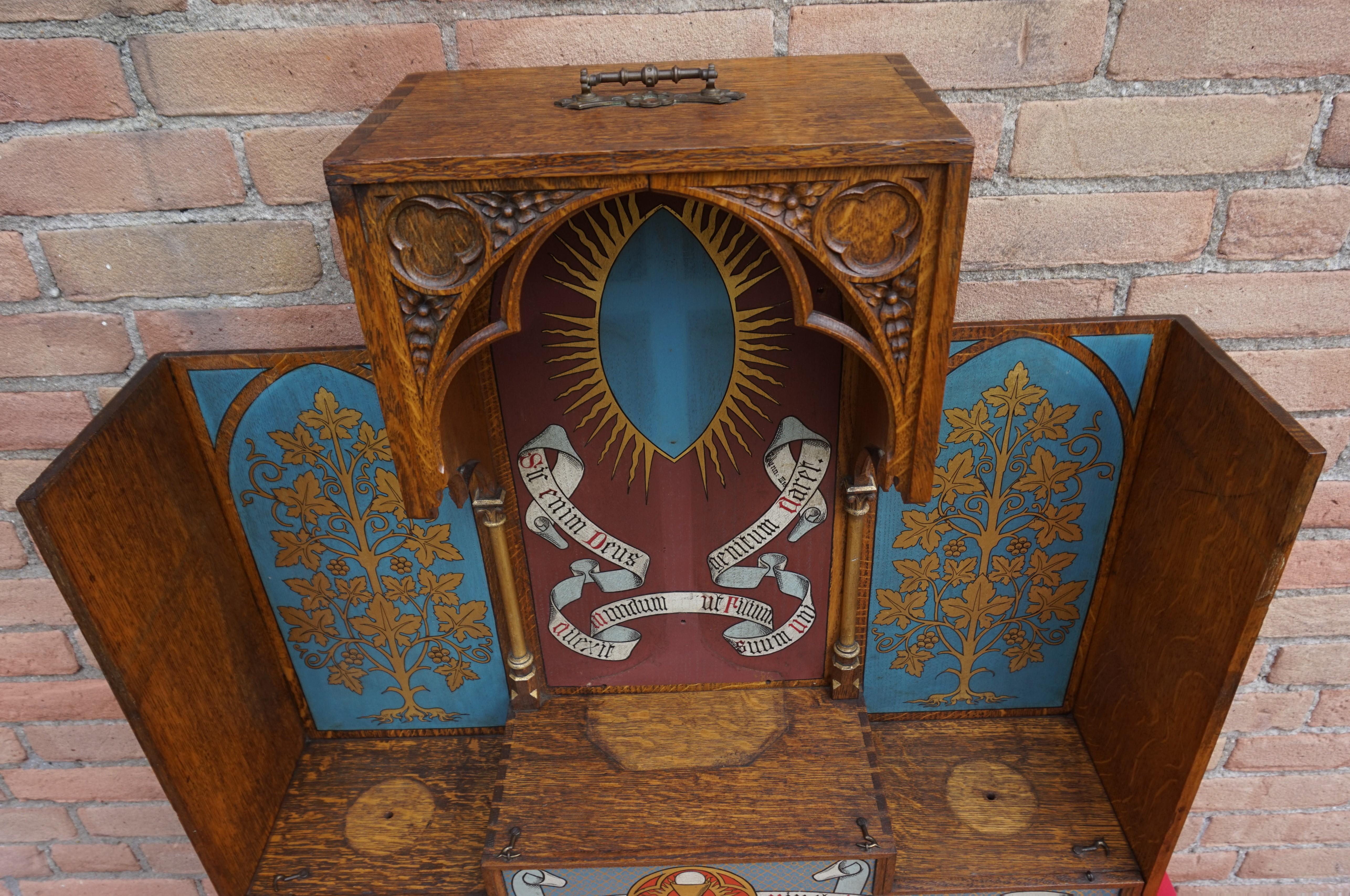 Antique Early 20th Century Carved & Hand Painted Gothic Revival Traveling Altar 14
