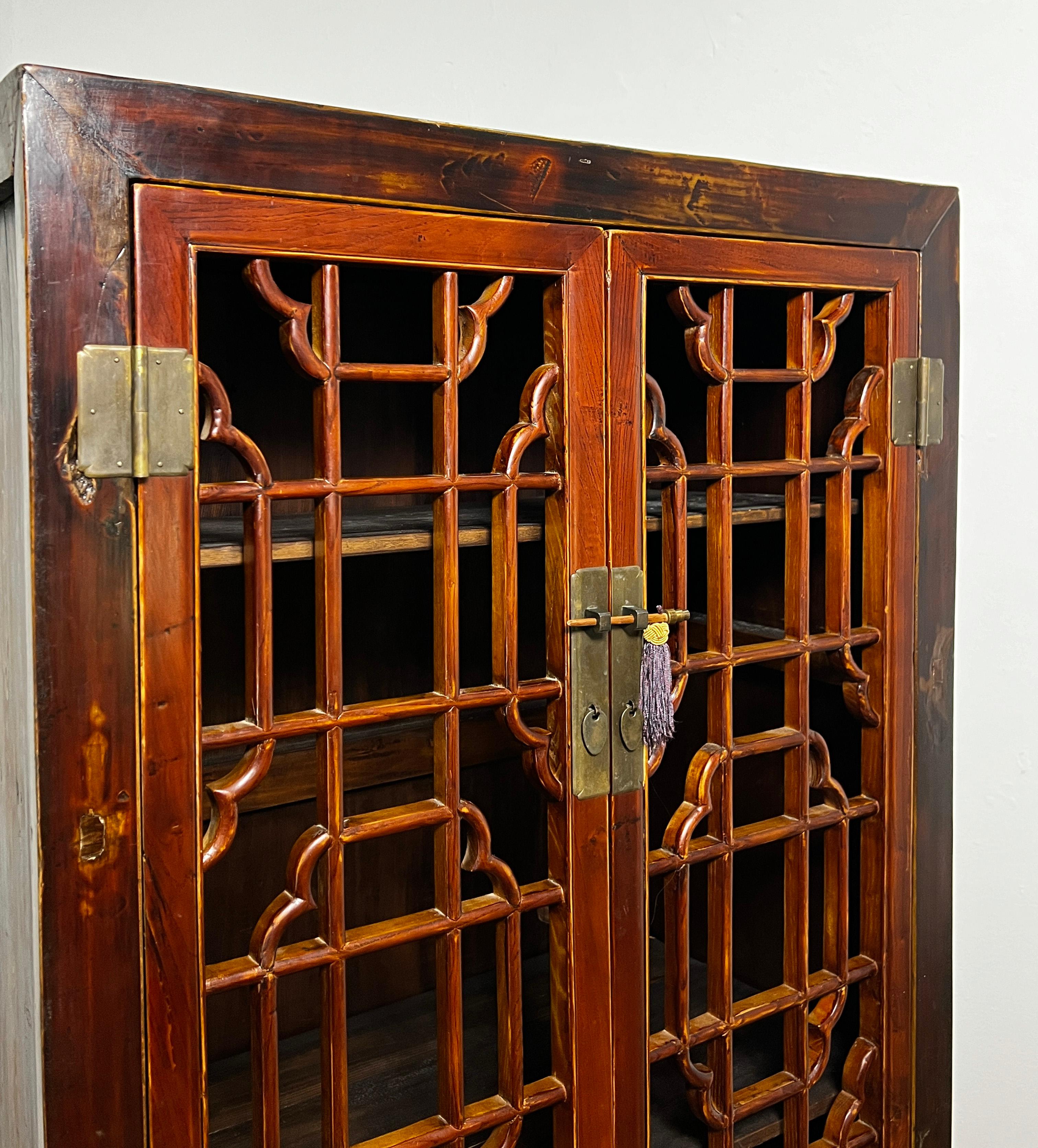Antique Early 20th Century Chinese Fretwork Pantry Cabinet In Good Condition In Peabody, MA