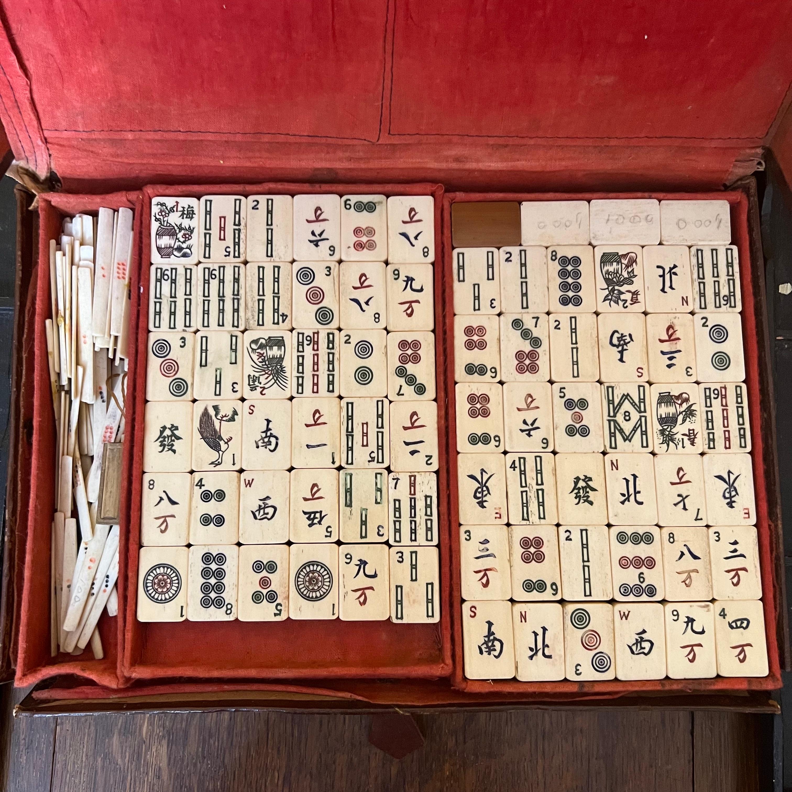 Vintage Chinese Bamboo Mahjong Game Set in Brocade Fabric Carrying