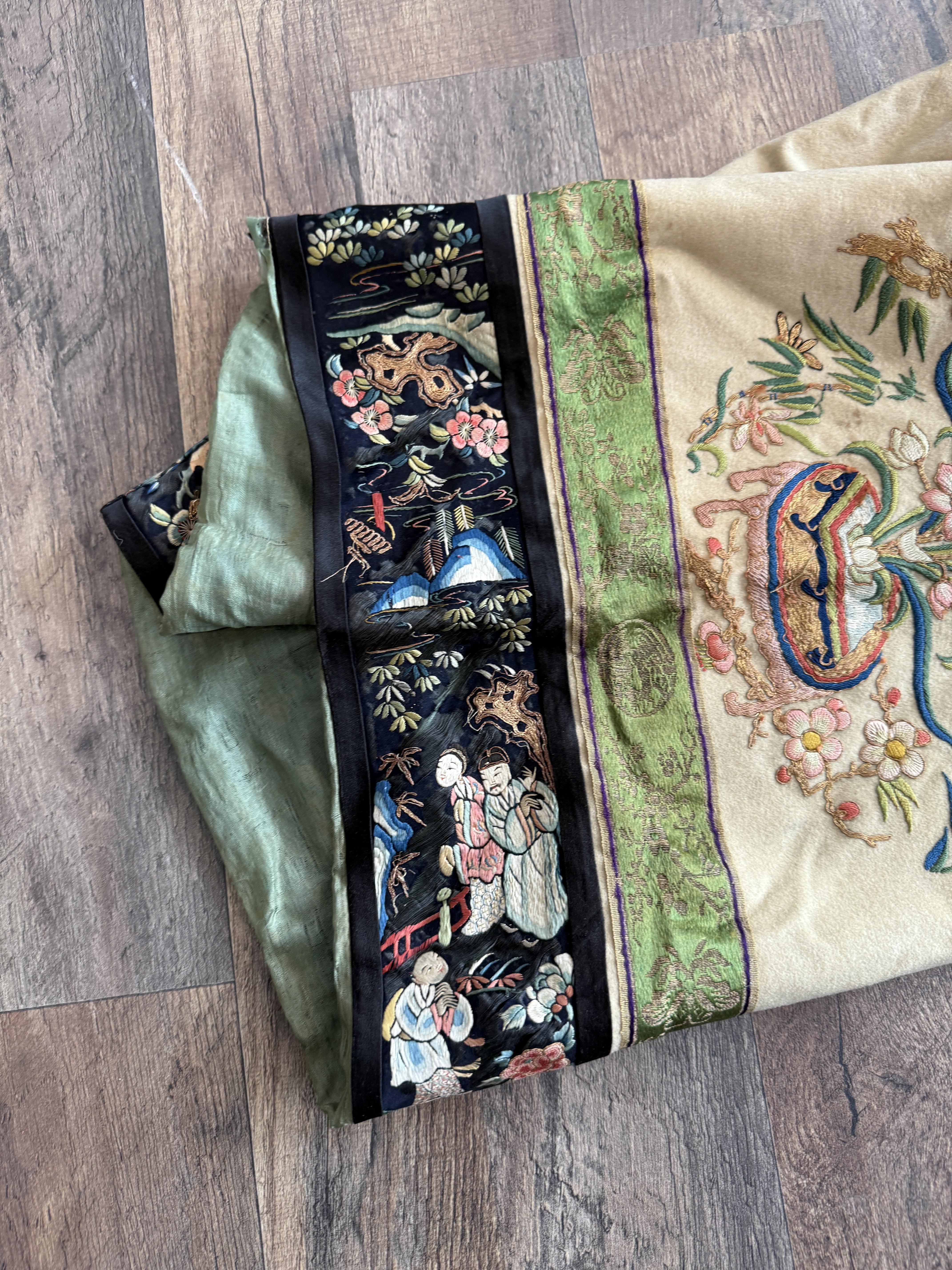 Antique Early 20th Century Chinese Silk Felt Robe with Embroidered Floral Design 8