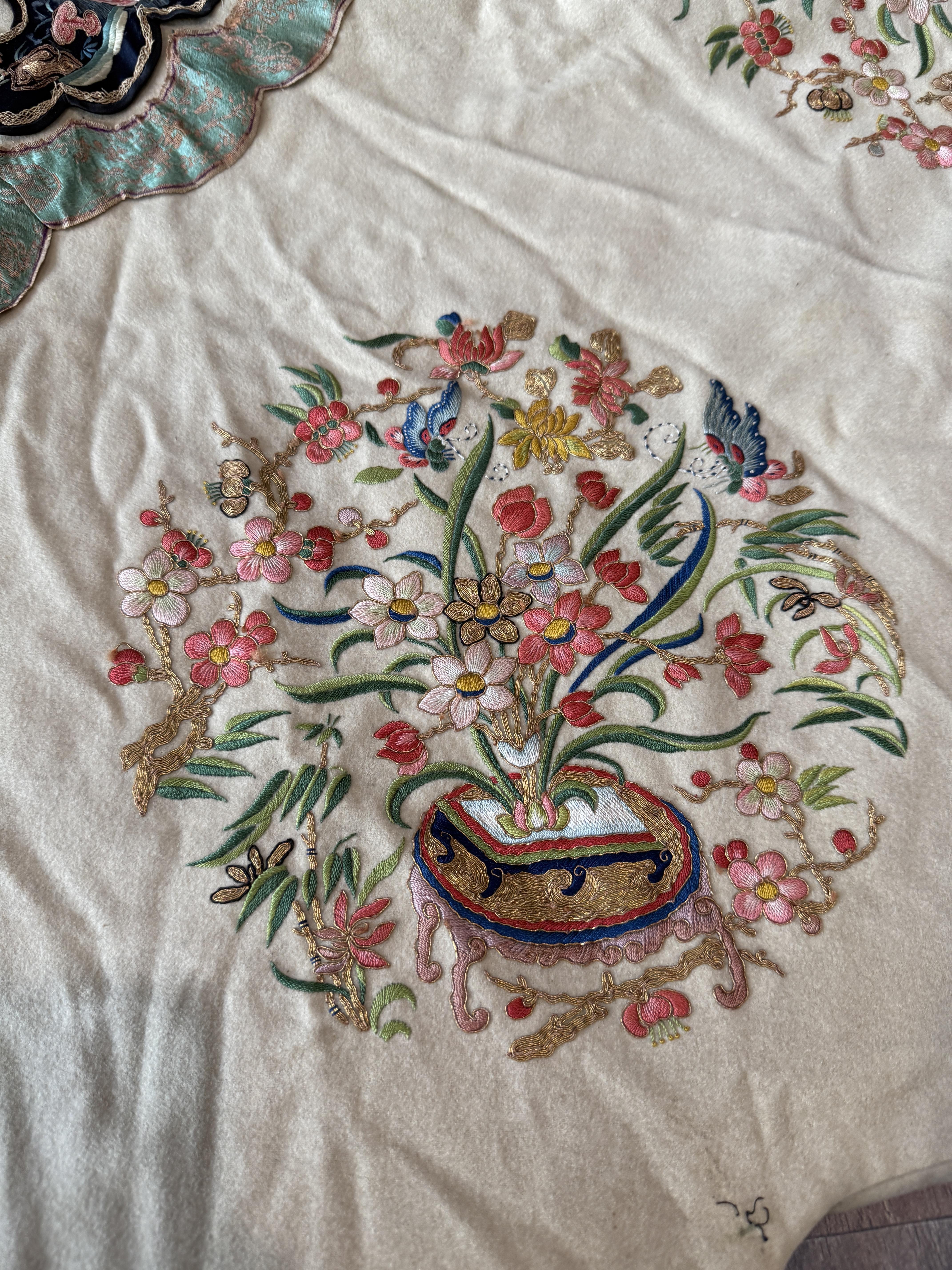 Antique Early 20th Century Chinese Silk Felt Robe with Embroidered Floral Design 14