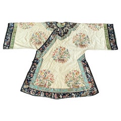 Antique Early 20th Century Chinese Silk Felt Robe with Embroidered Floral Design