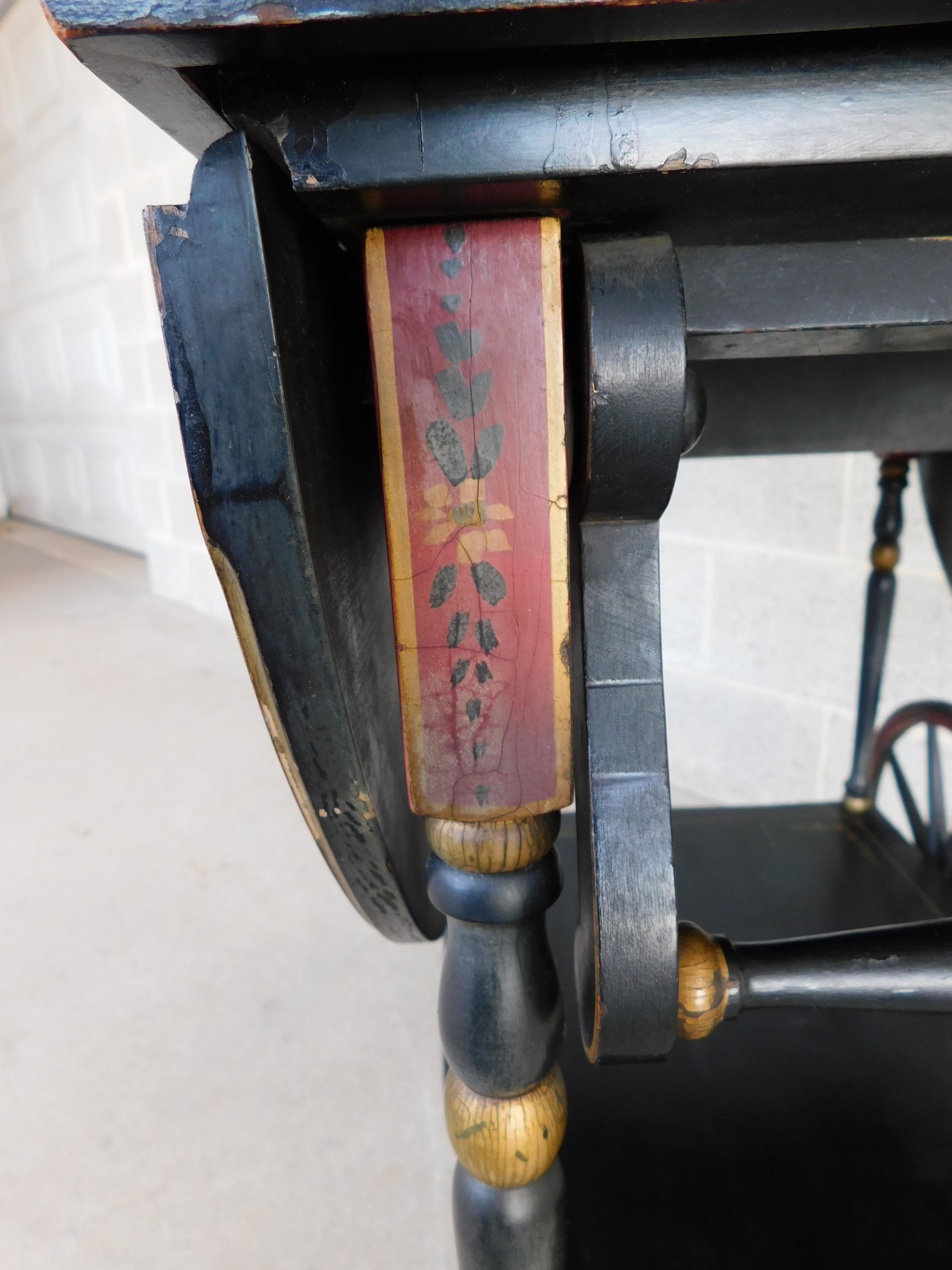 Lacquered Antique Early 20th Century Chinoiserie Hand Paint Decorated Rolling Serving Cart
