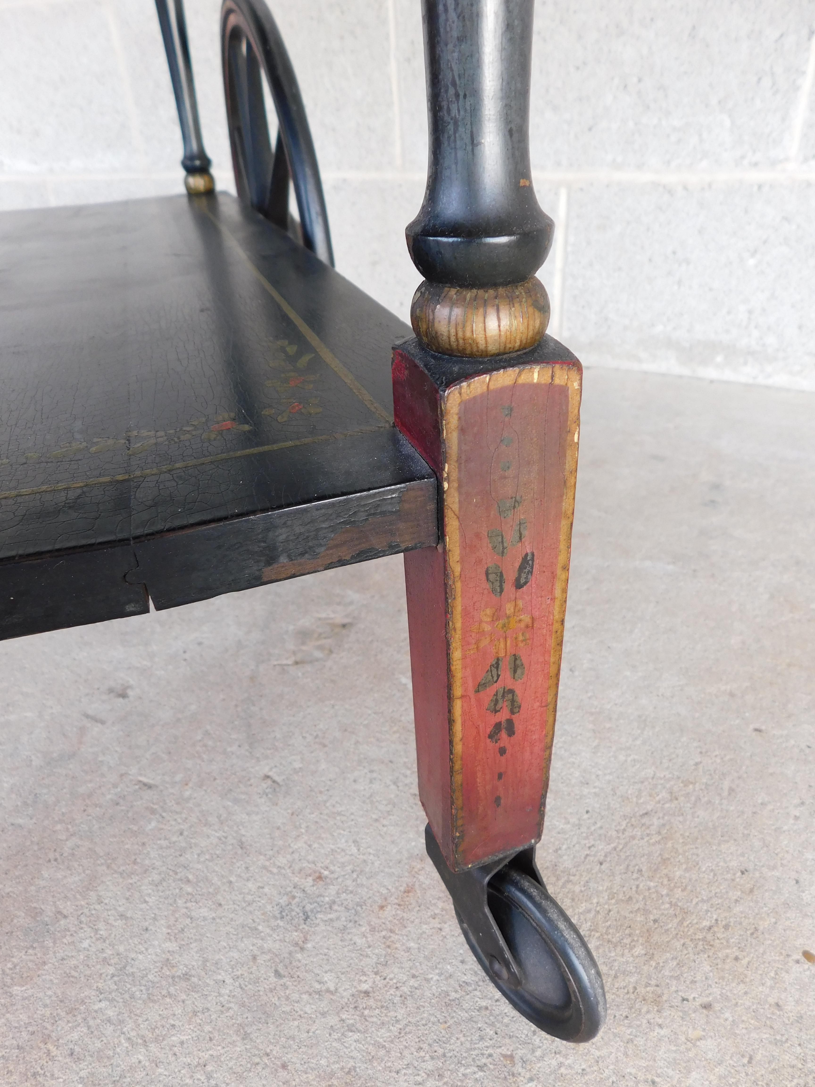 Antique Early 20th Century Chinoiserie Hand Paint Decorated Rolling Serving Cart In Good Condition In Parkesburg, PA