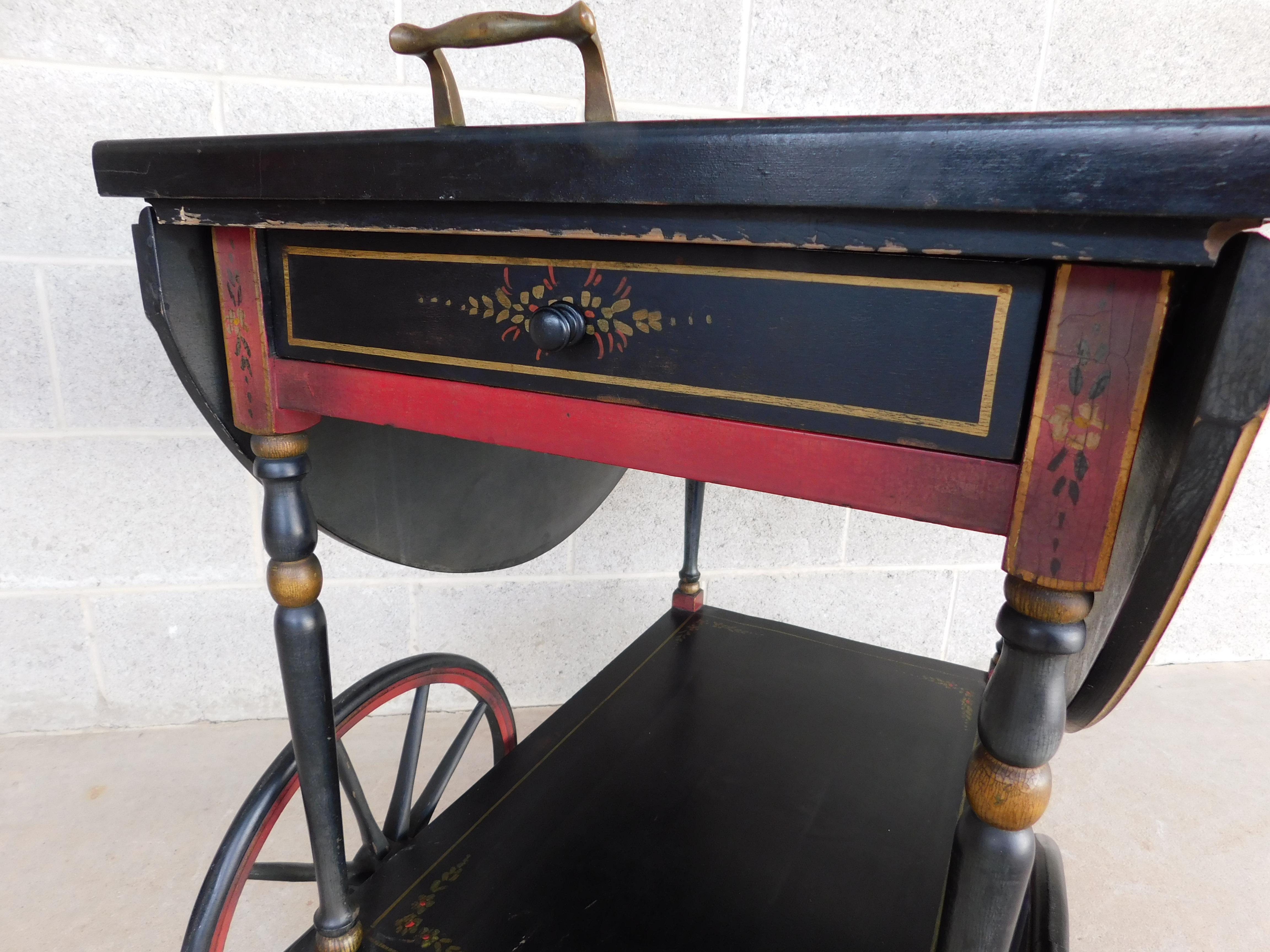 Antique Early 20th Century Chinoiserie Hand Paint Decorated Rolling Serving Cart 1