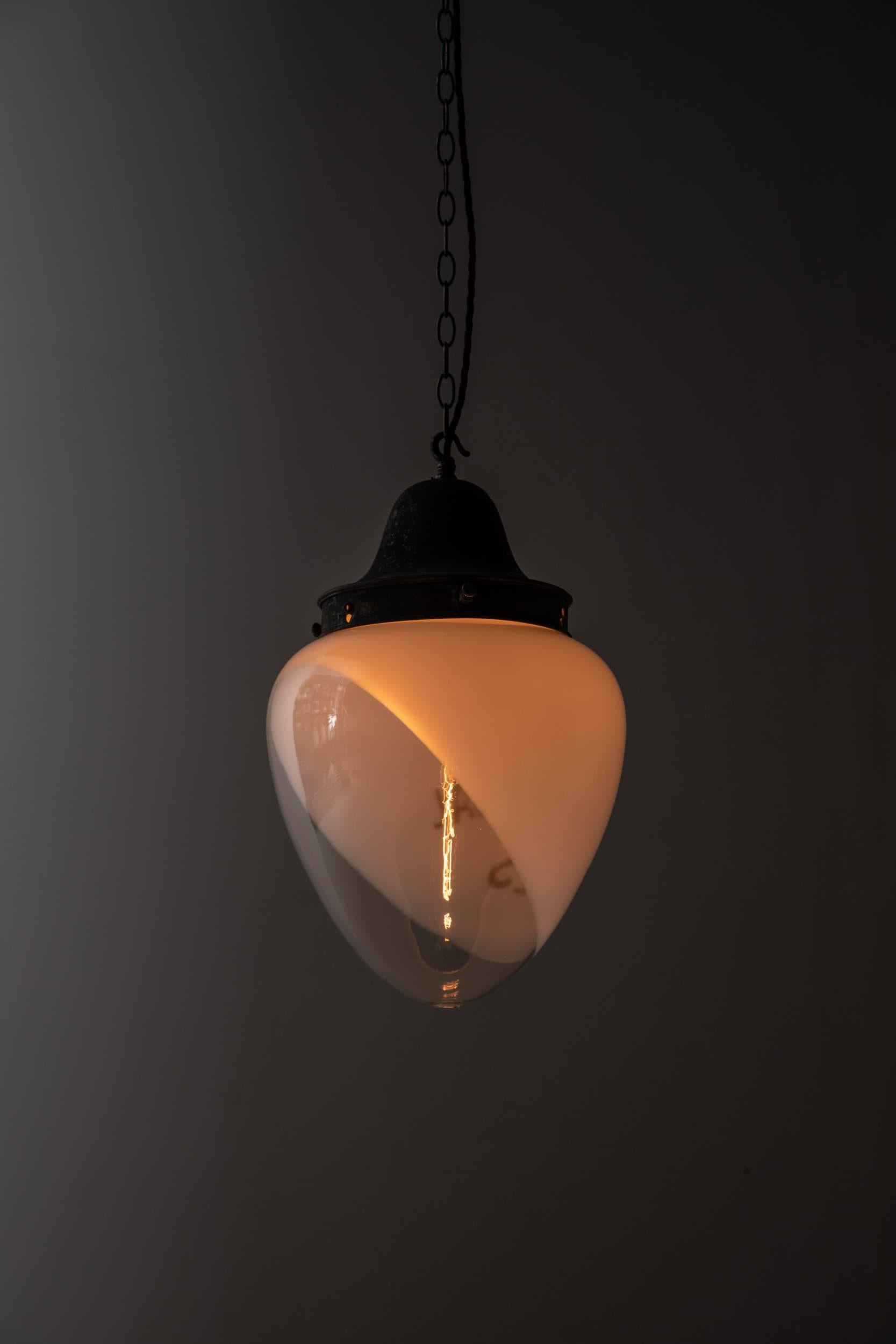 Pressato Antique Early 20th Century Copper Two-Tone Opaline Glass Pendant Light, C.1900 in vendita