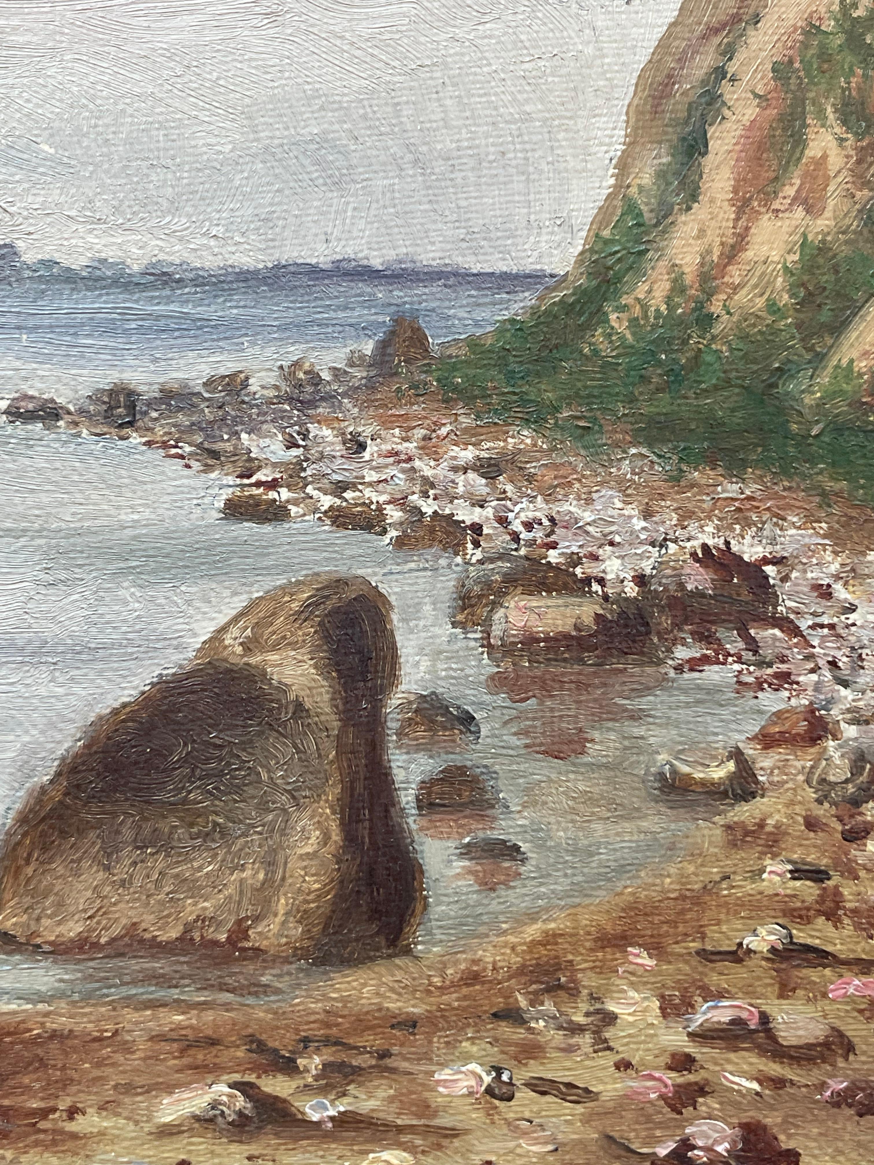Antiguo óleo paisajístico danés de principios del siglo XX sobre un acantilado junto al mar en venta 3