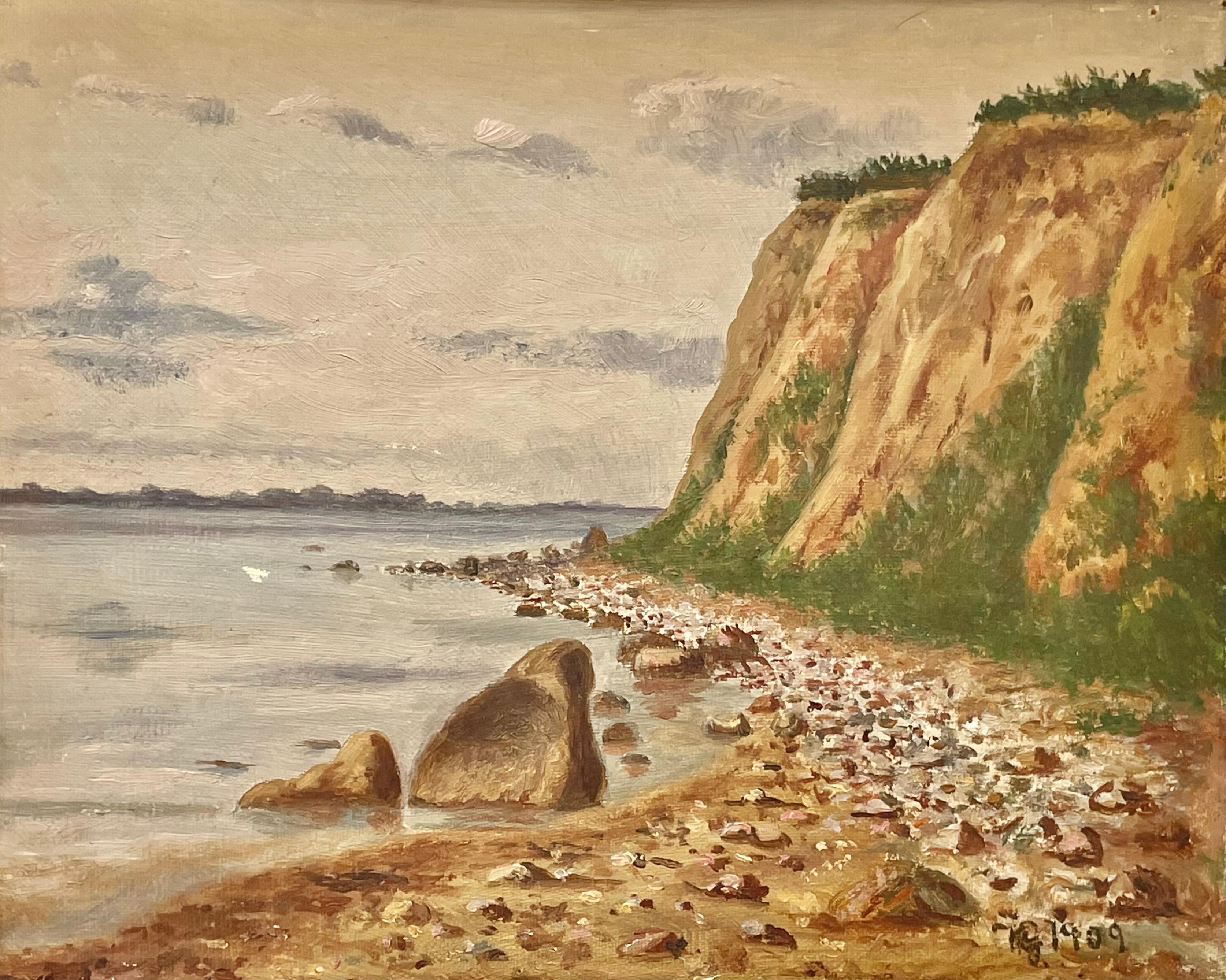 Antiguo óleo paisajístico danés de principios del siglo XX sobre un acantilado junto al mar Art Decó en venta