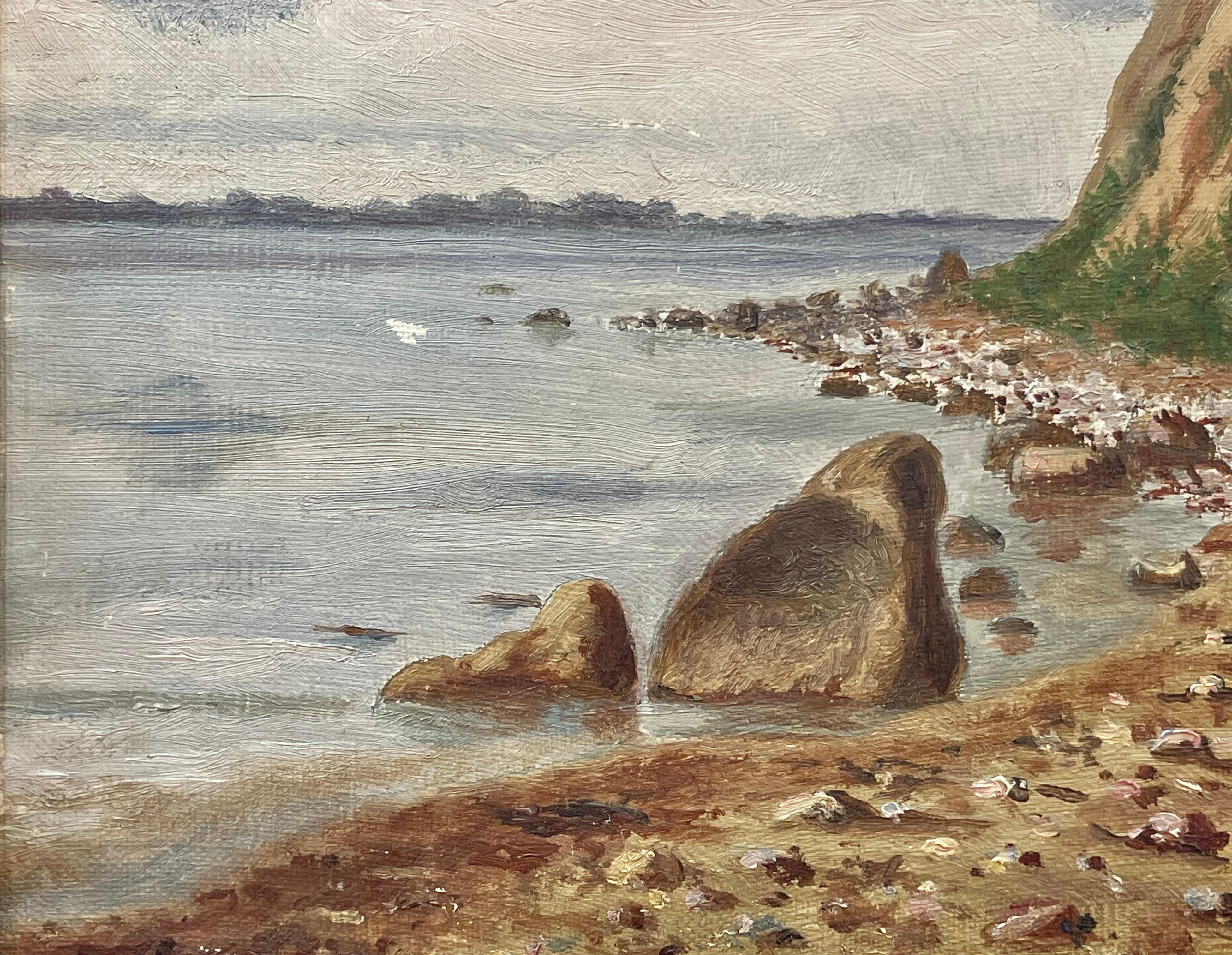 Antiguo óleo paisajístico danés de principios del siglo XX sobre un acantilado junto al mar Pintado en venta