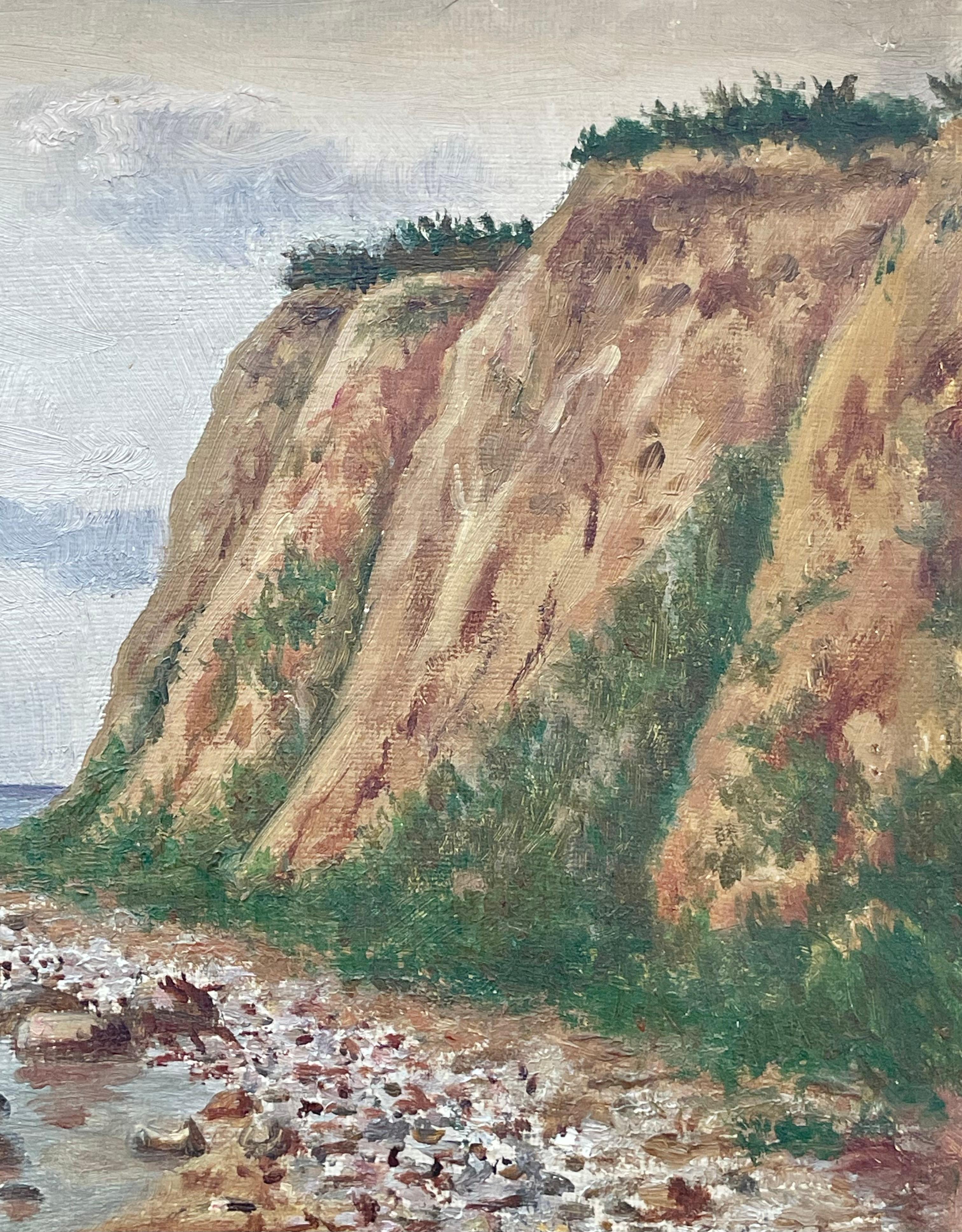 Antiguo óleo paisajístico danés de principios del siglo XX sobre un acantilado junto al mar Pintura en venta