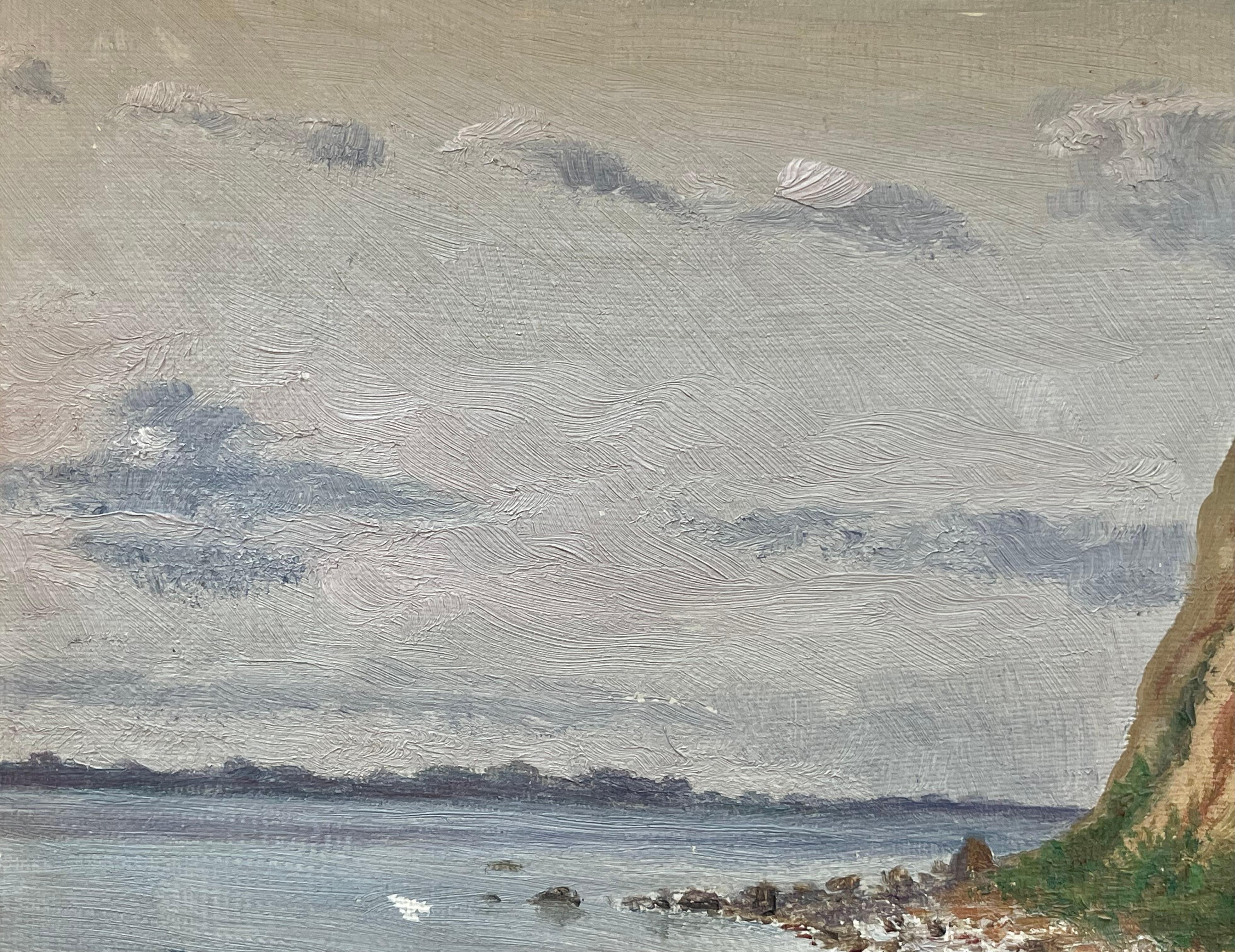Antiguo óleo paisajístico danés de principios del siglo XX sobre un acantilado junto al mar en venta 2