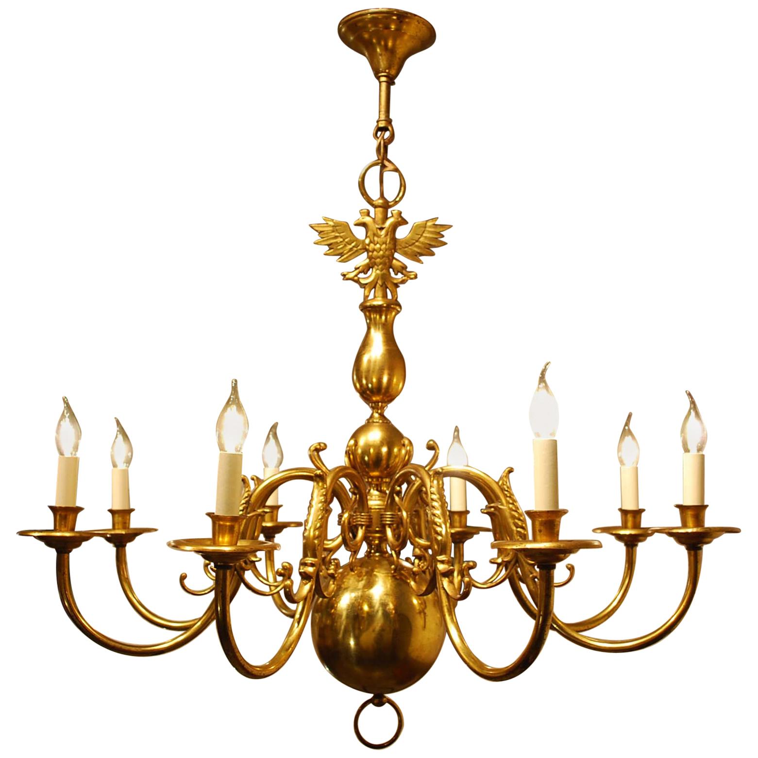 Antique Early 20th Century Dutch Brass Chandelier with Eight Arms
