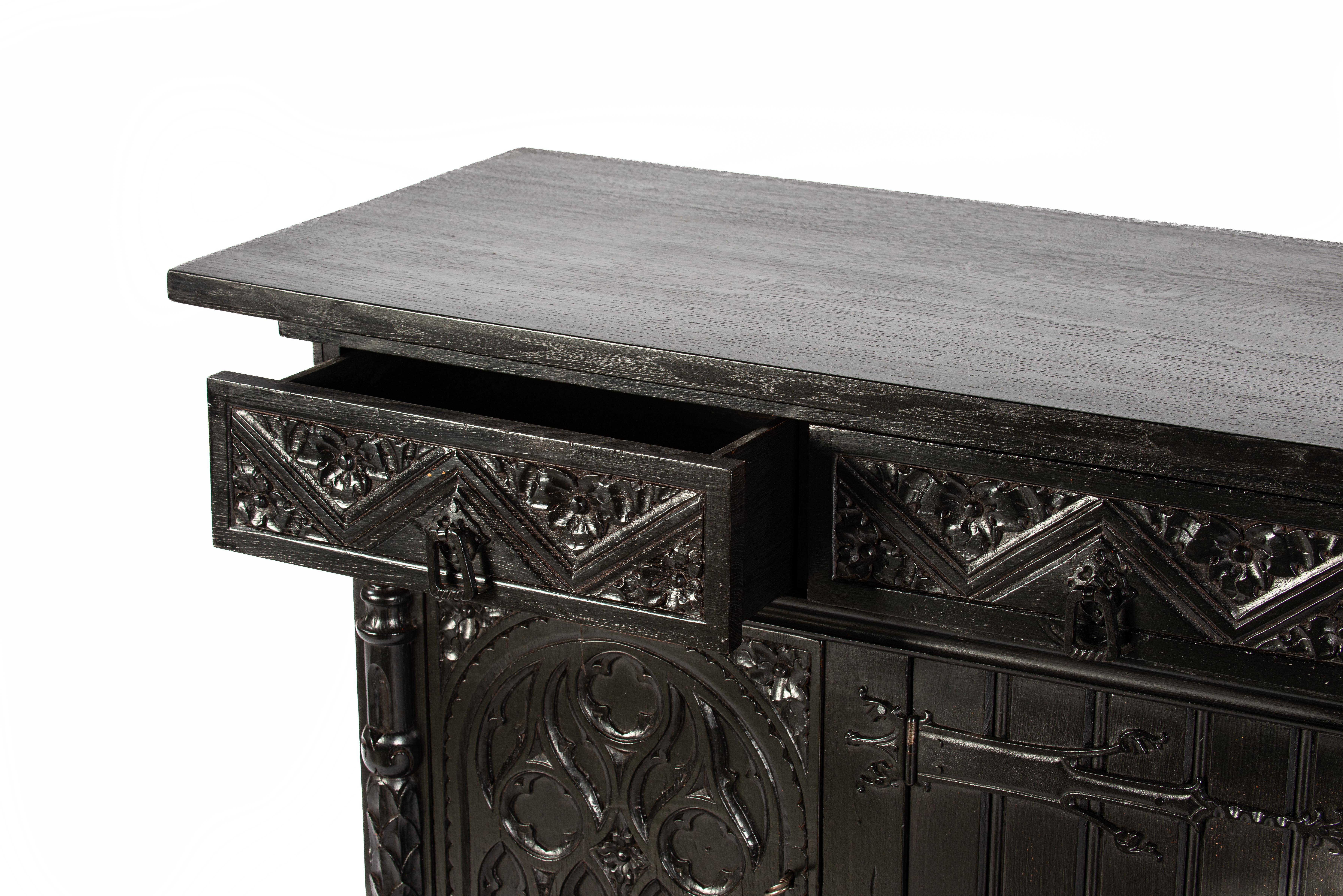 Antique early 20th century Dutch handcarved blackened oak neo gothic sideboard. For Sale 1