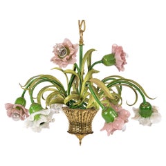 Antique early 20th century Fench painted  floral 2-tier chandelier with 9 lights