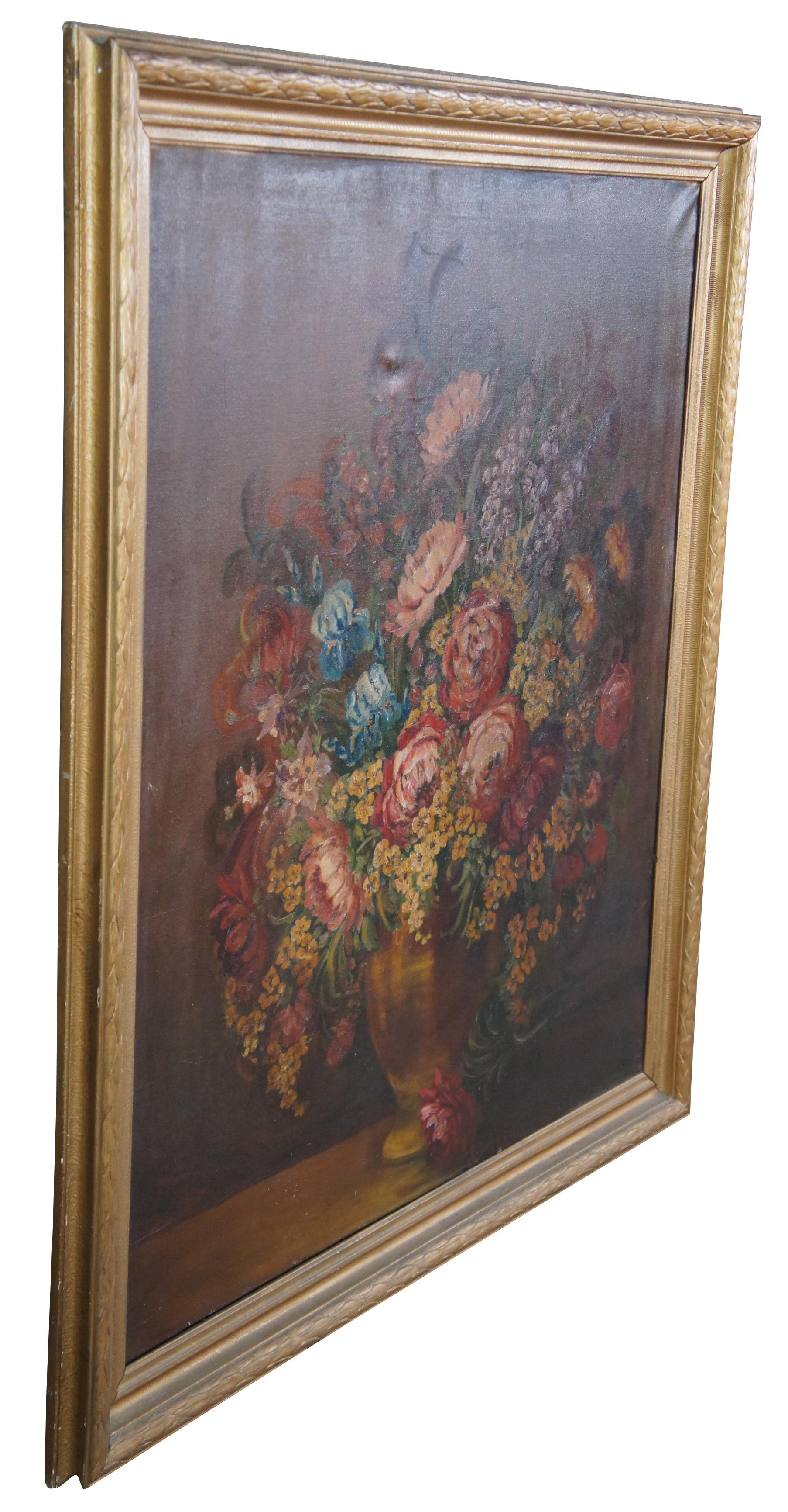Edwardian Antique Early 20th Century Floral Bouquet of Flowers Still Life Oil Painting