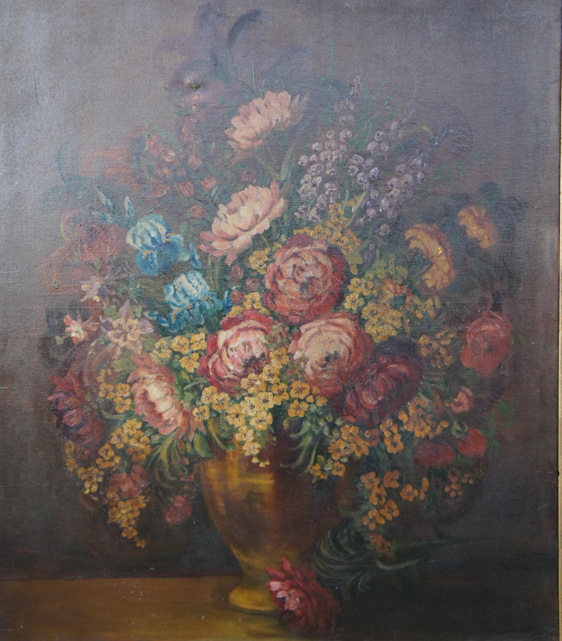 Canvas Antique Early 20th Century Floral Bouquet of Flowers Still Life Oil Painting