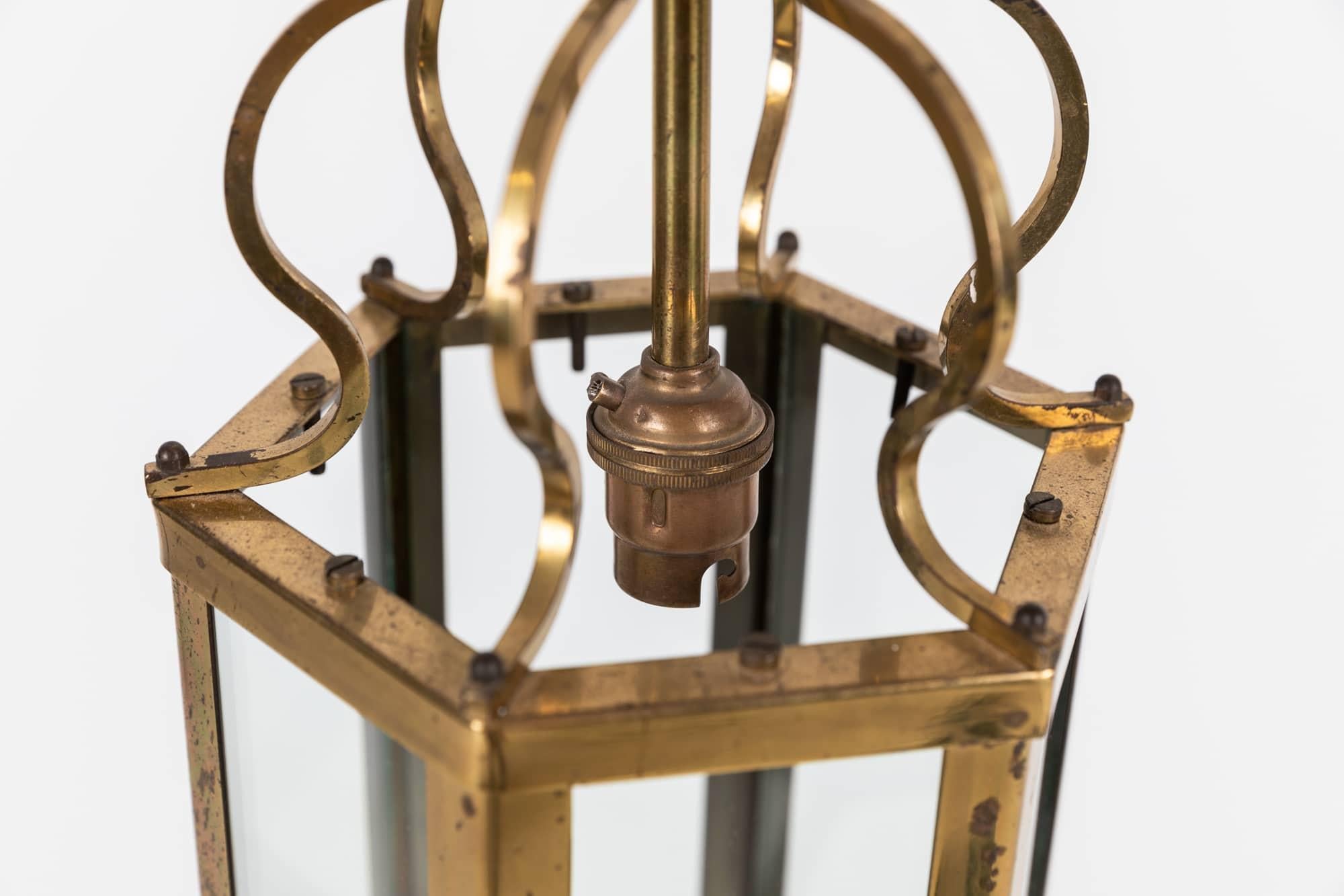 English Antique Early 20th Century Glazed Brass Porch Lantern Light Lamp. C.1920