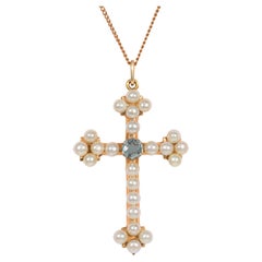 Antique Early 20th Century Gold, Pearl, and Aquamarine Cross Pendant
