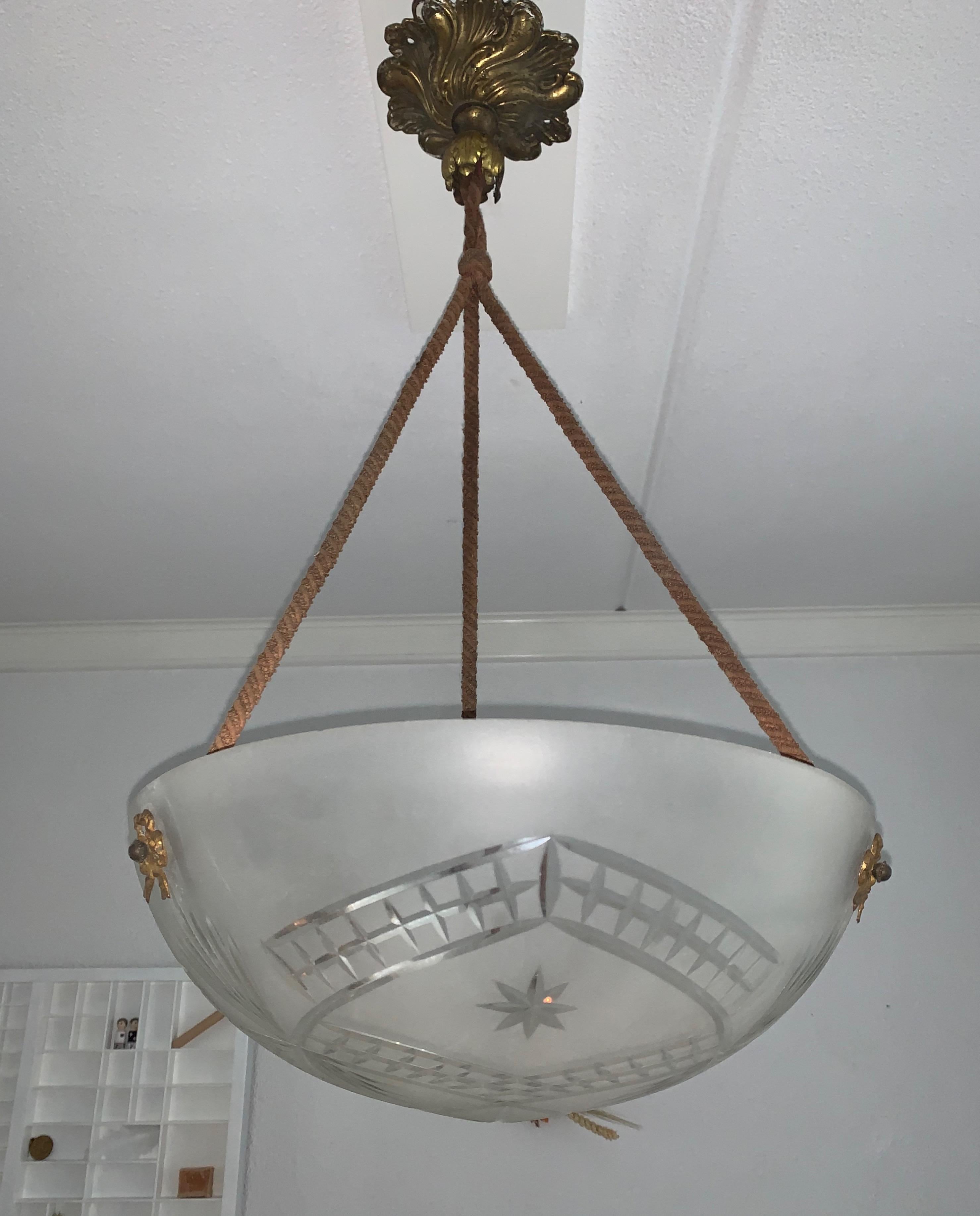 Antique Early 20th Century Hand Engraved Glass and Bronze Pendant Chandelier 7