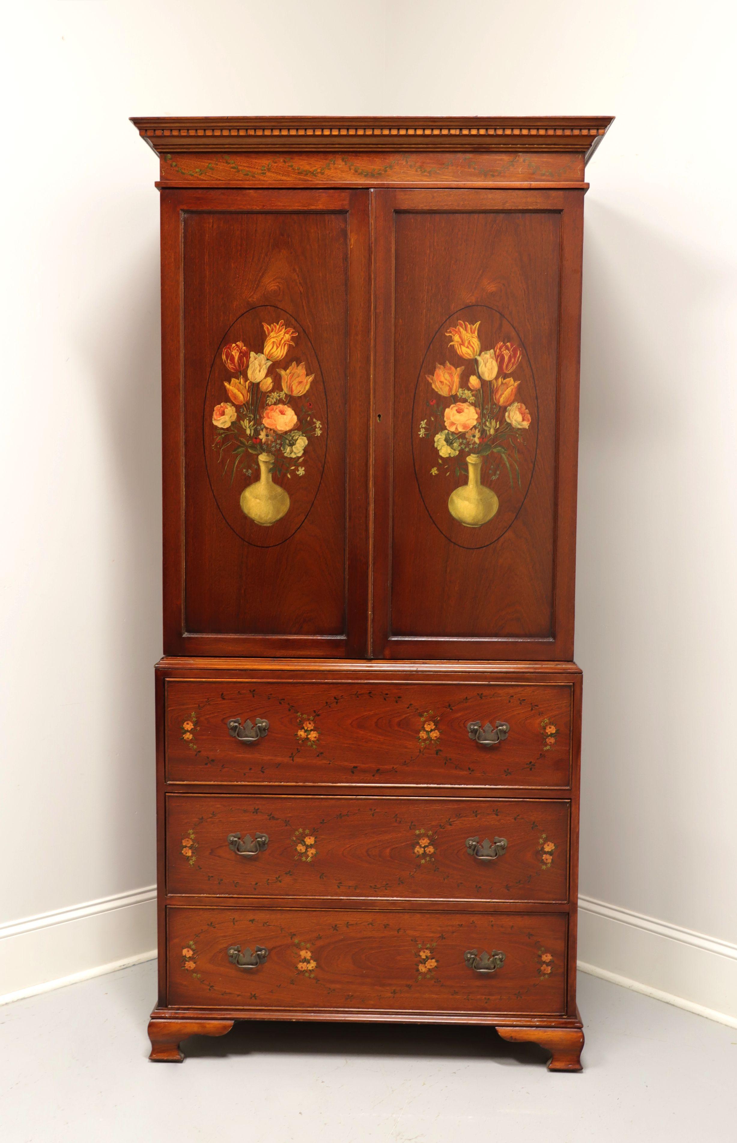 An antique Chippendale style linen press, unbranded. Walnut with brass hardware, ogee bracket feet, crown and dentil molding. Features upper cabinet with hand decorated floral motif double doors with lock, opening to spacious interior with two