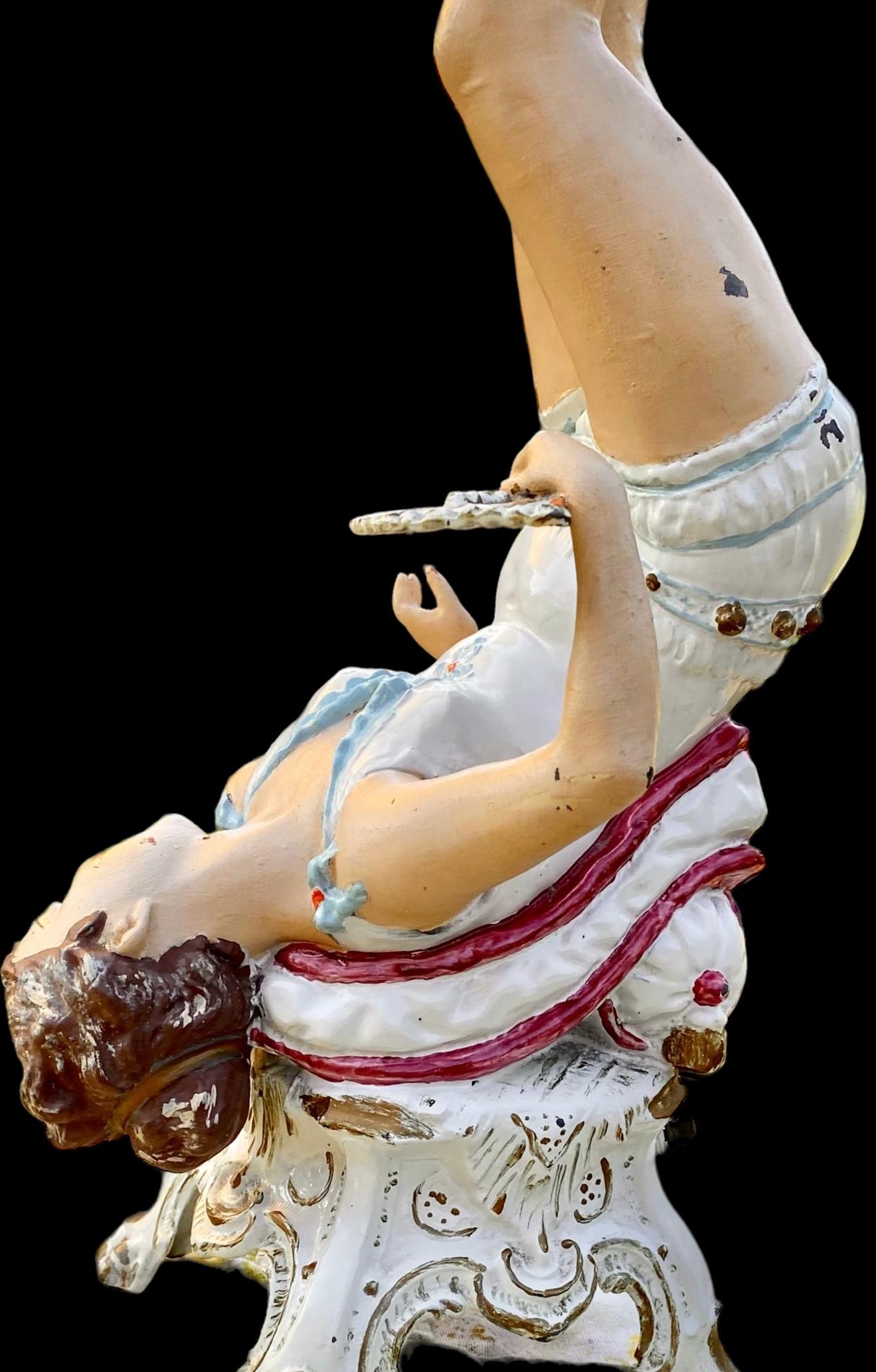 American Antique Early 20th Century Hand Painted Spelter Lady On Pillow Lamp