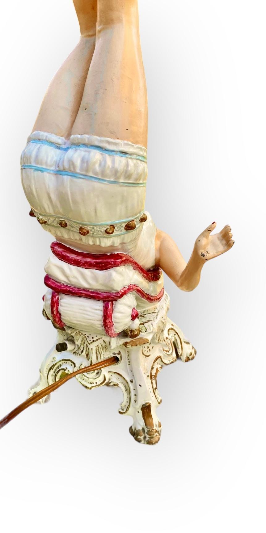 Antique Early 20th Century Hand Painted Spelter Lady On Pillow Lamp 2