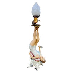 Antique Early 20th Century Hand Painted Spelter Lady On Pillow Lamp