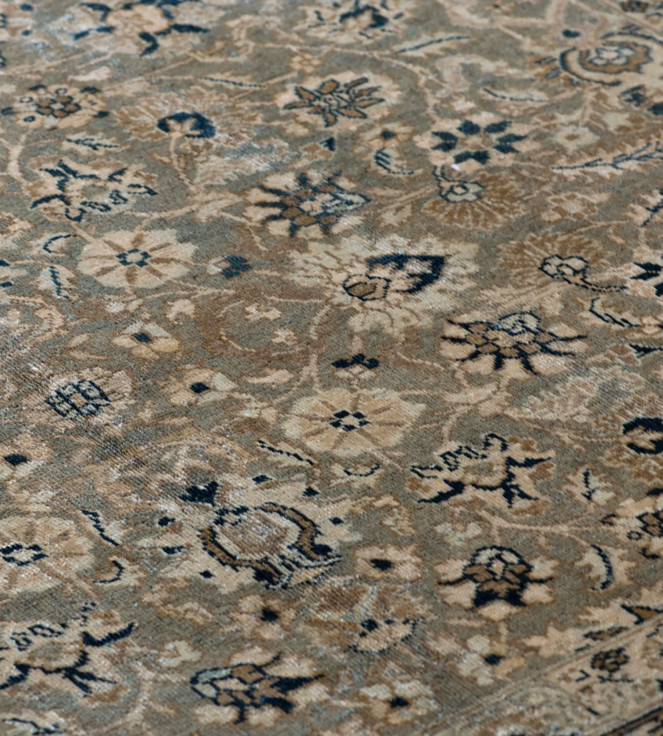 Antique Early 20th Century Hand-woven Wool Brown Floral Persian Tabriz Rug In Good Condition For Sale In West Hollywood, CA