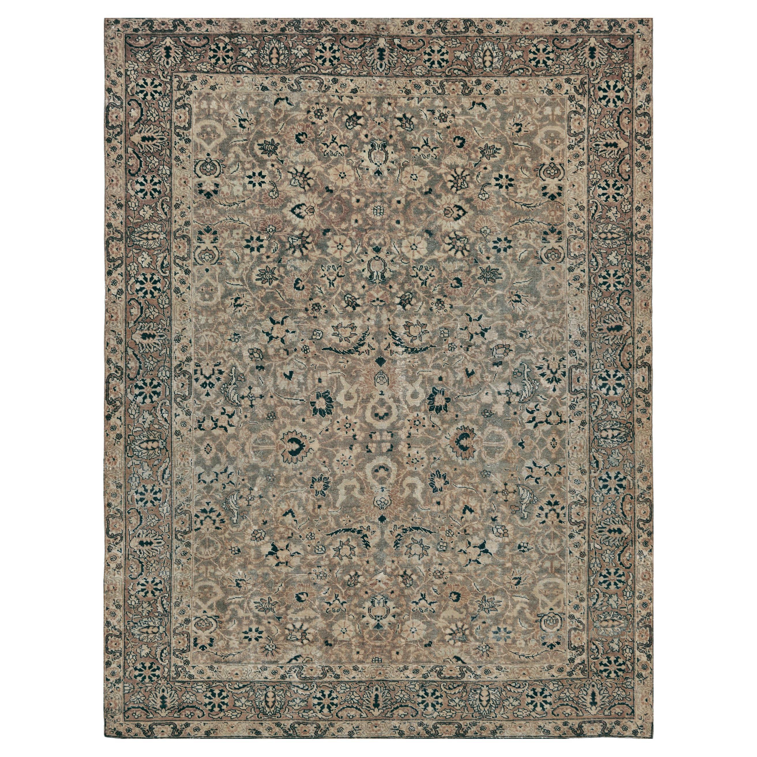 Antique Early 20th Century Hand-woven Wool Brown Floral Persian Tabriz Rug For Sale