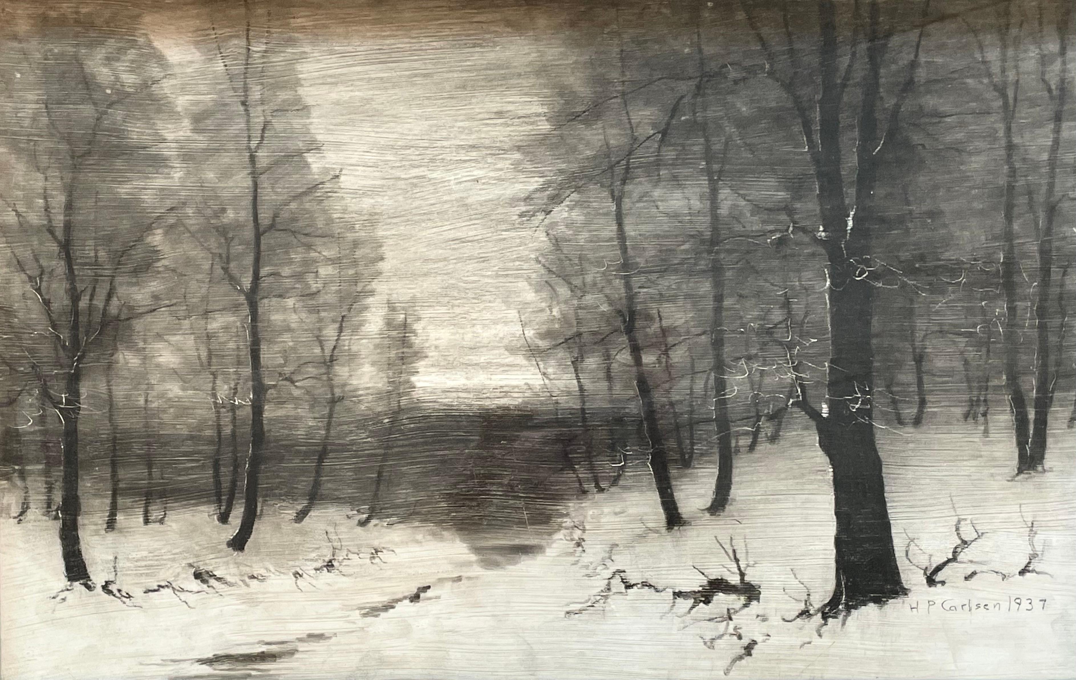 This is an original coal drawing by Danish artist H. P. Carlsen from 1933.

Hans Peter Carlsen (1855-1950) was a painter from Funen who attended the Royal Academy of Fine arts with famous artists L.A, Ring and H.A. Brendekilde. The three friends