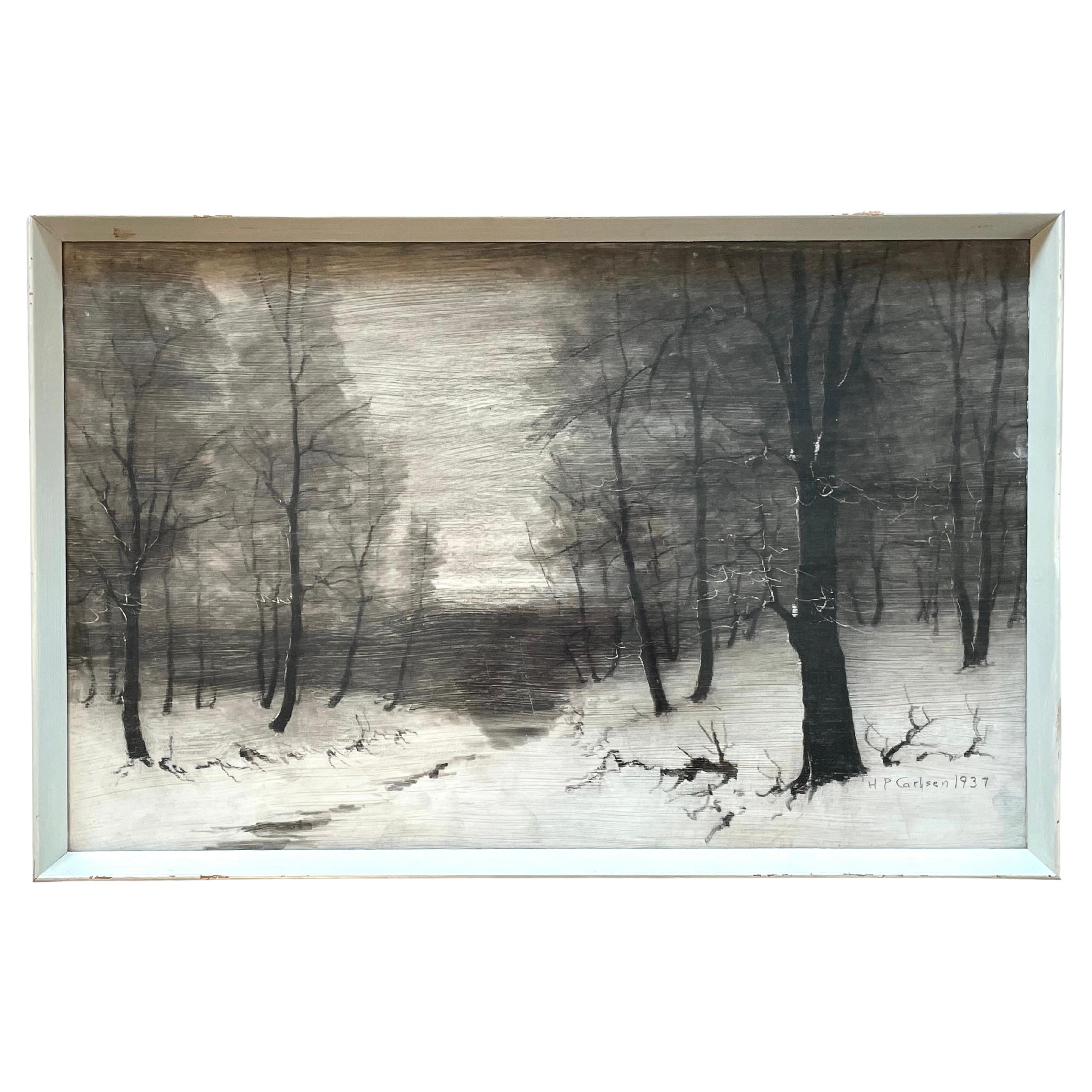Antique early 20th century impressionist coal drawing by H P Carlsen (1855-1950) For Sale