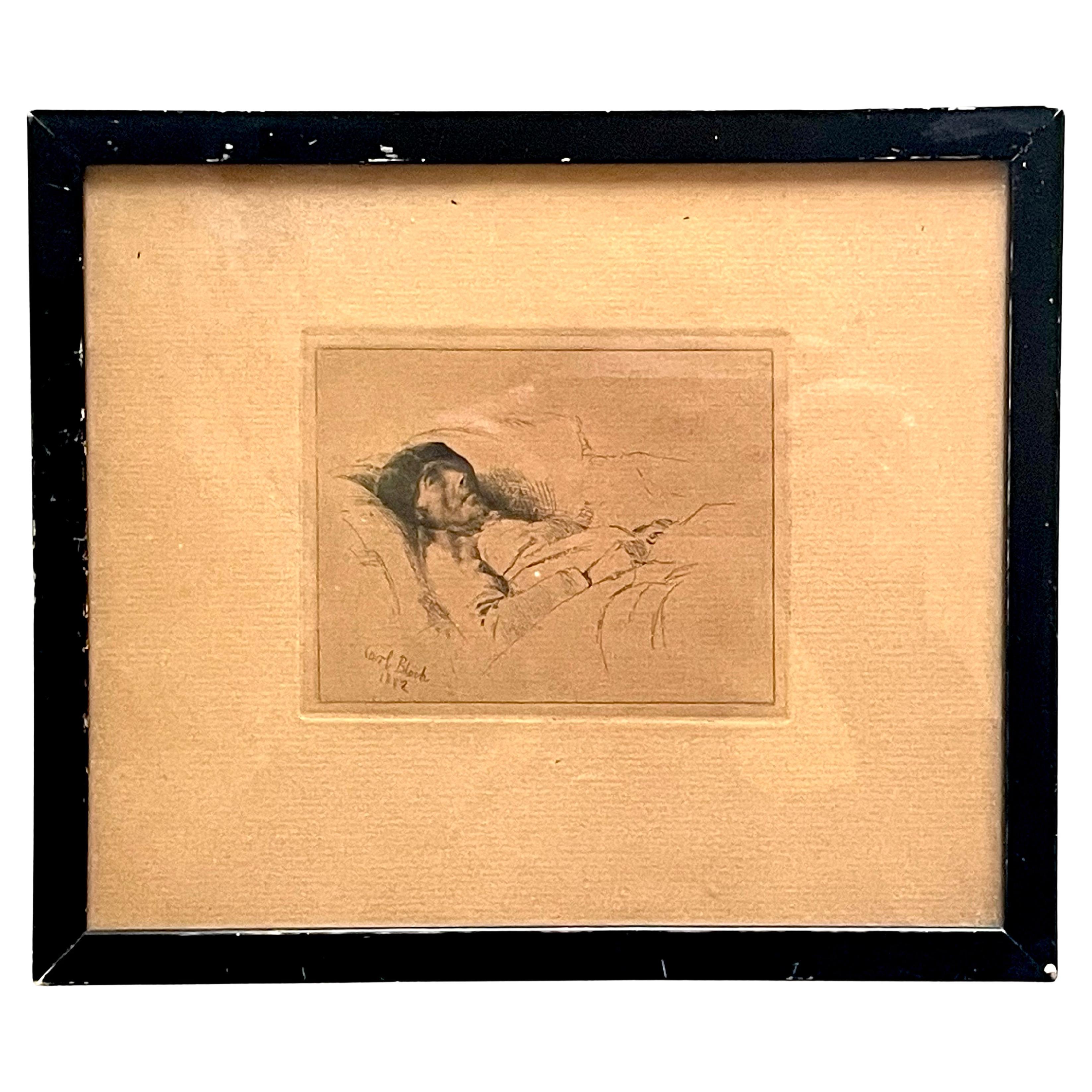 Antique early 20th century impressionist etching from 1882 by Carl Bloch For Sale