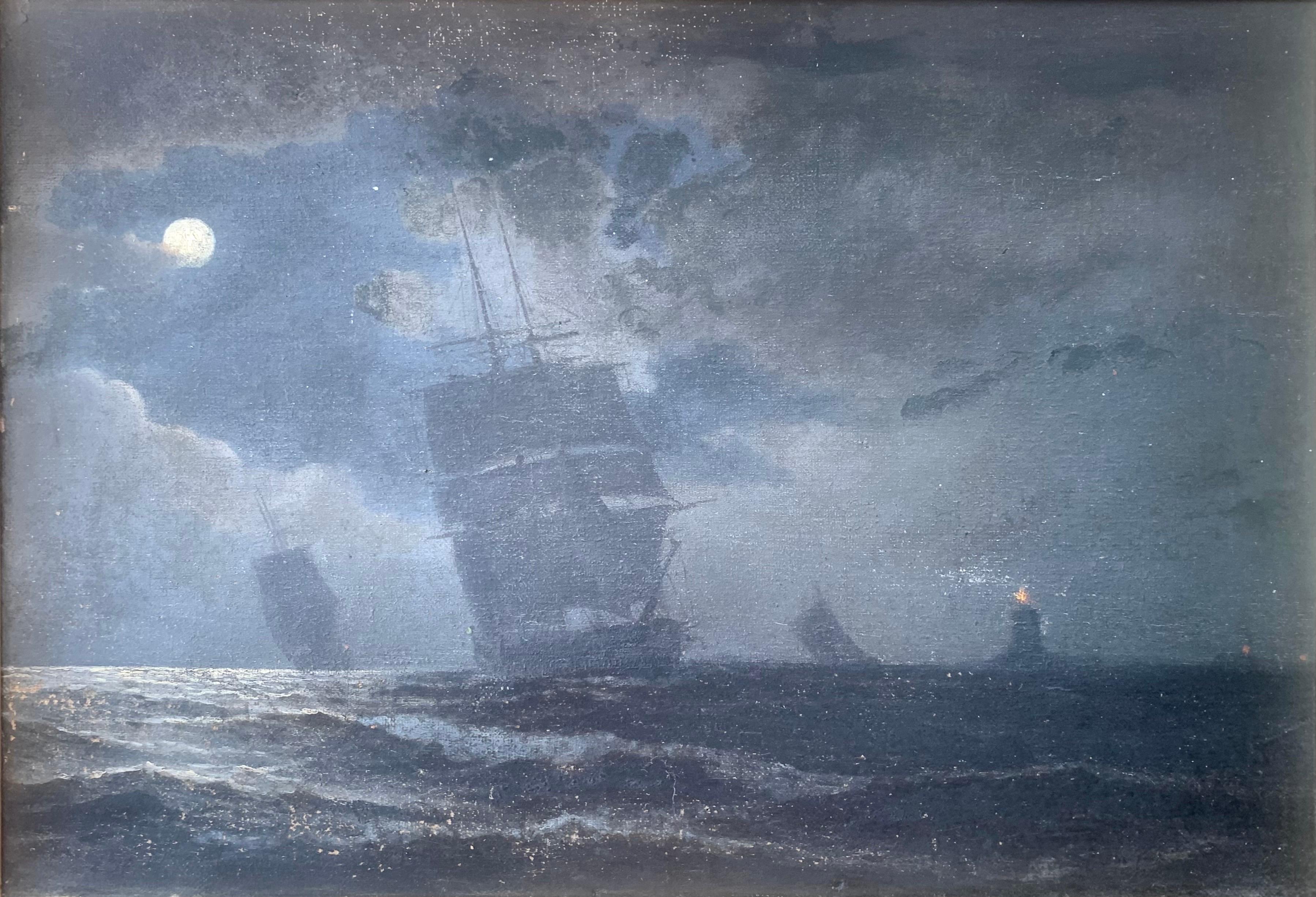 Dieses antike maritime Gemälde in Öl auf Leinwand besticht durch die nächtliche Kulisse mit geisterhaften Schiffen bei düsterem Vollmond, drohenden Wolken und unruhigem Wasser. Dieses kleine Stück ist sicherlich sehr speziell und fesselnd.  

Das