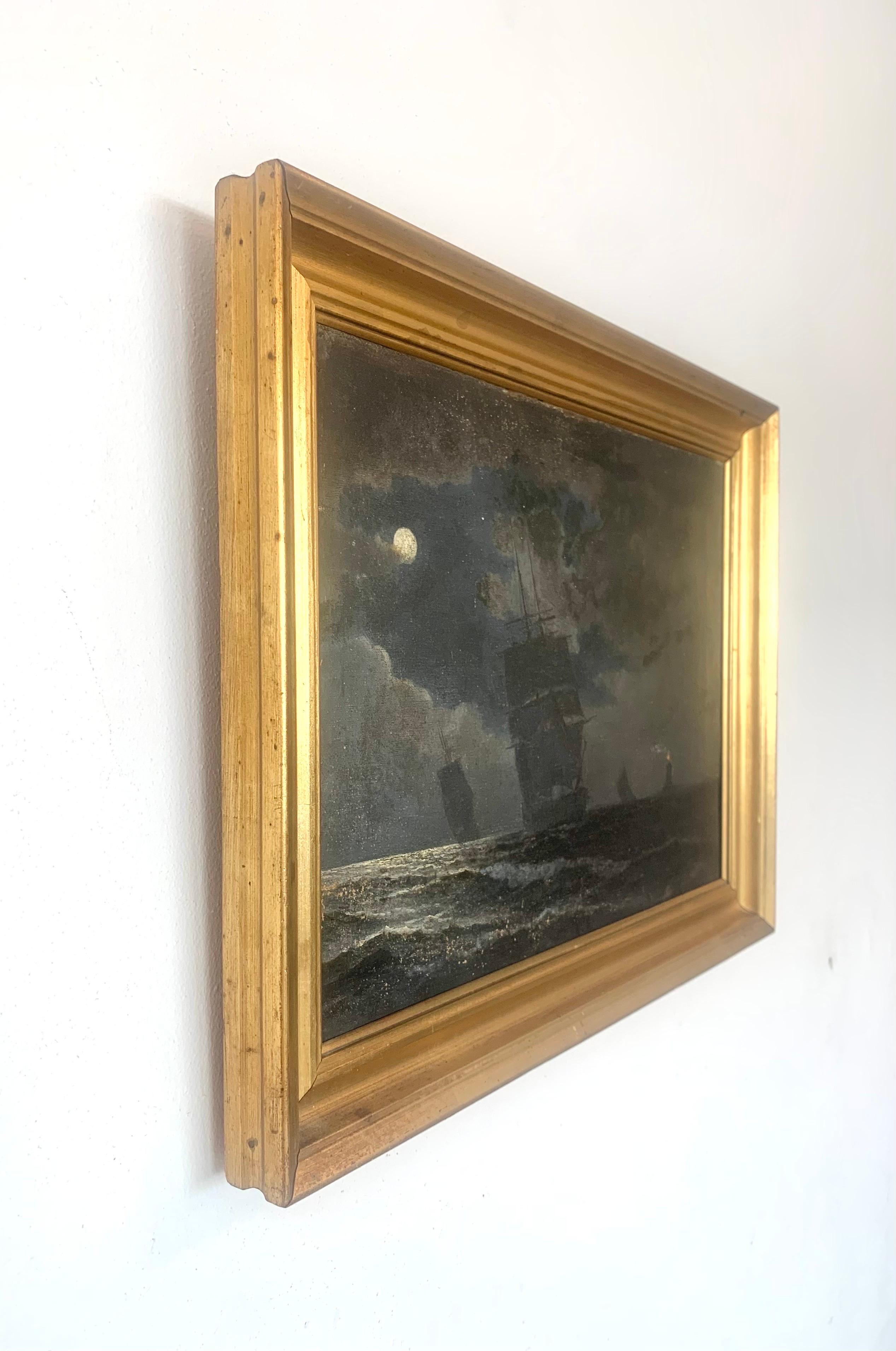 Antikes impressionistisches Gemälde eines Schiffes im Mondlicht aus dem frühen 20. Jahrhundert (Romantik) im Angebot