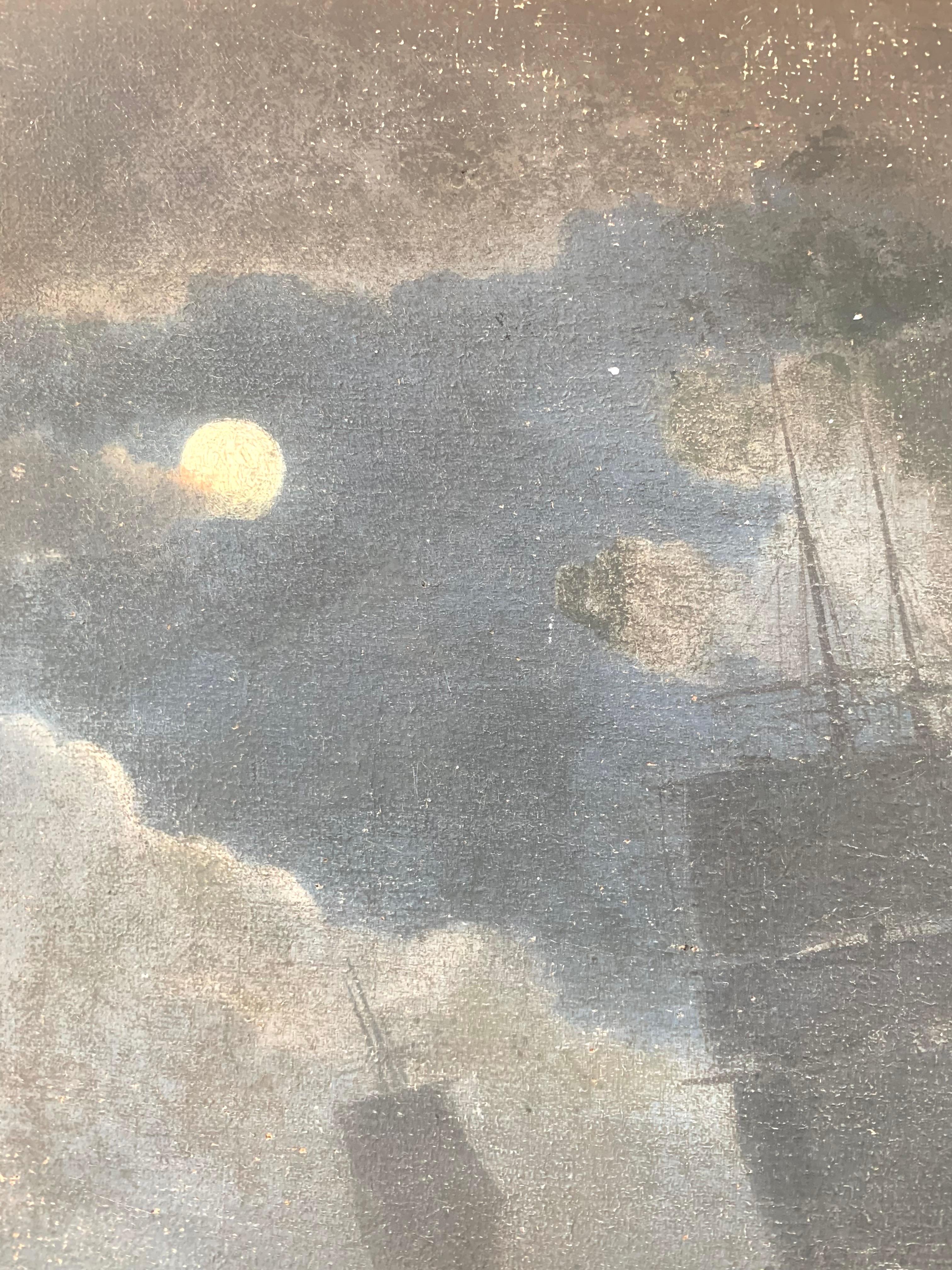 Antikes impressionistisches Gemälde eines Schiffes im Mondlicht aus dem frühen 20. Jahrhundert (Handbemalt) im Angebot