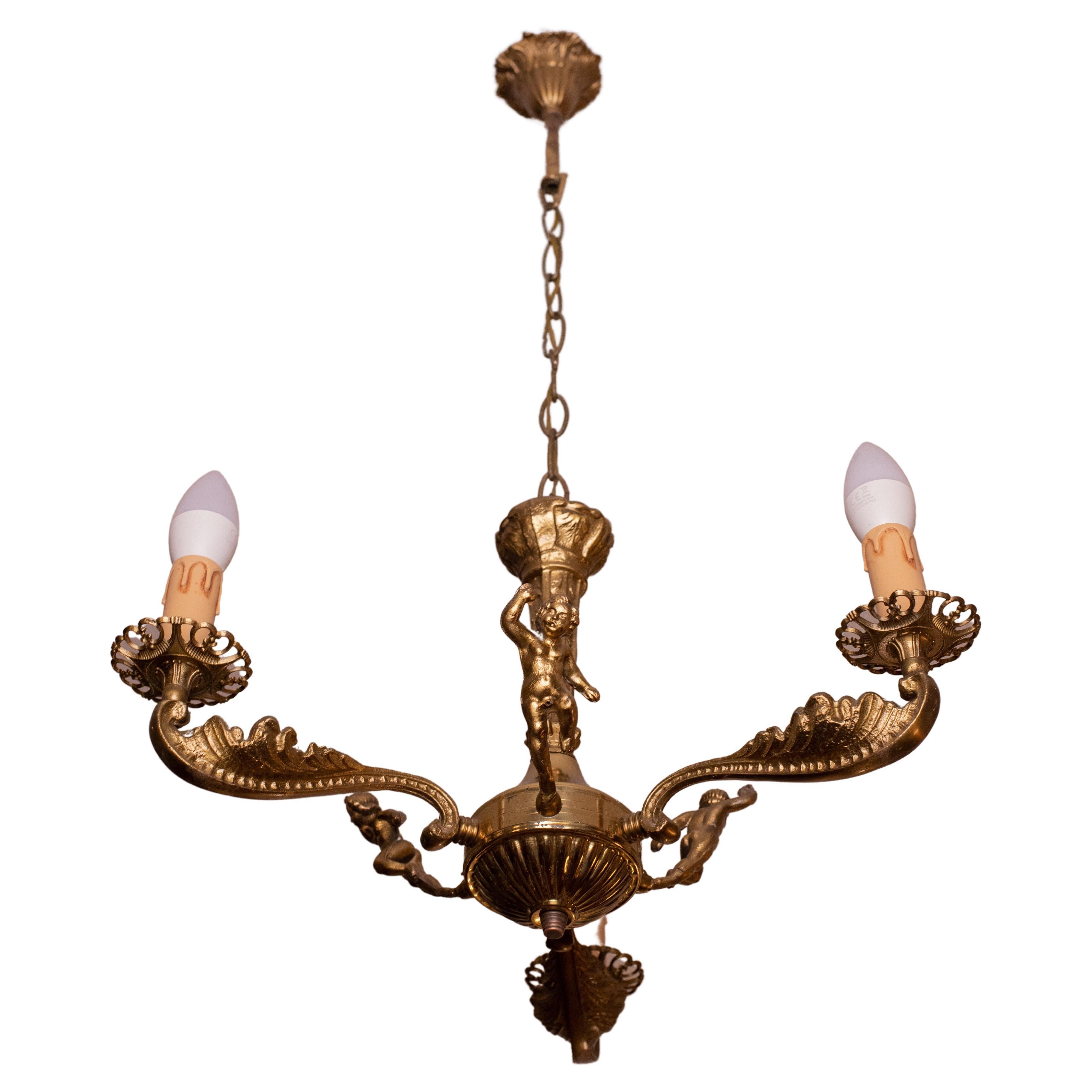 Antique Early 20th Century Italian Brass Chandelier with Kids