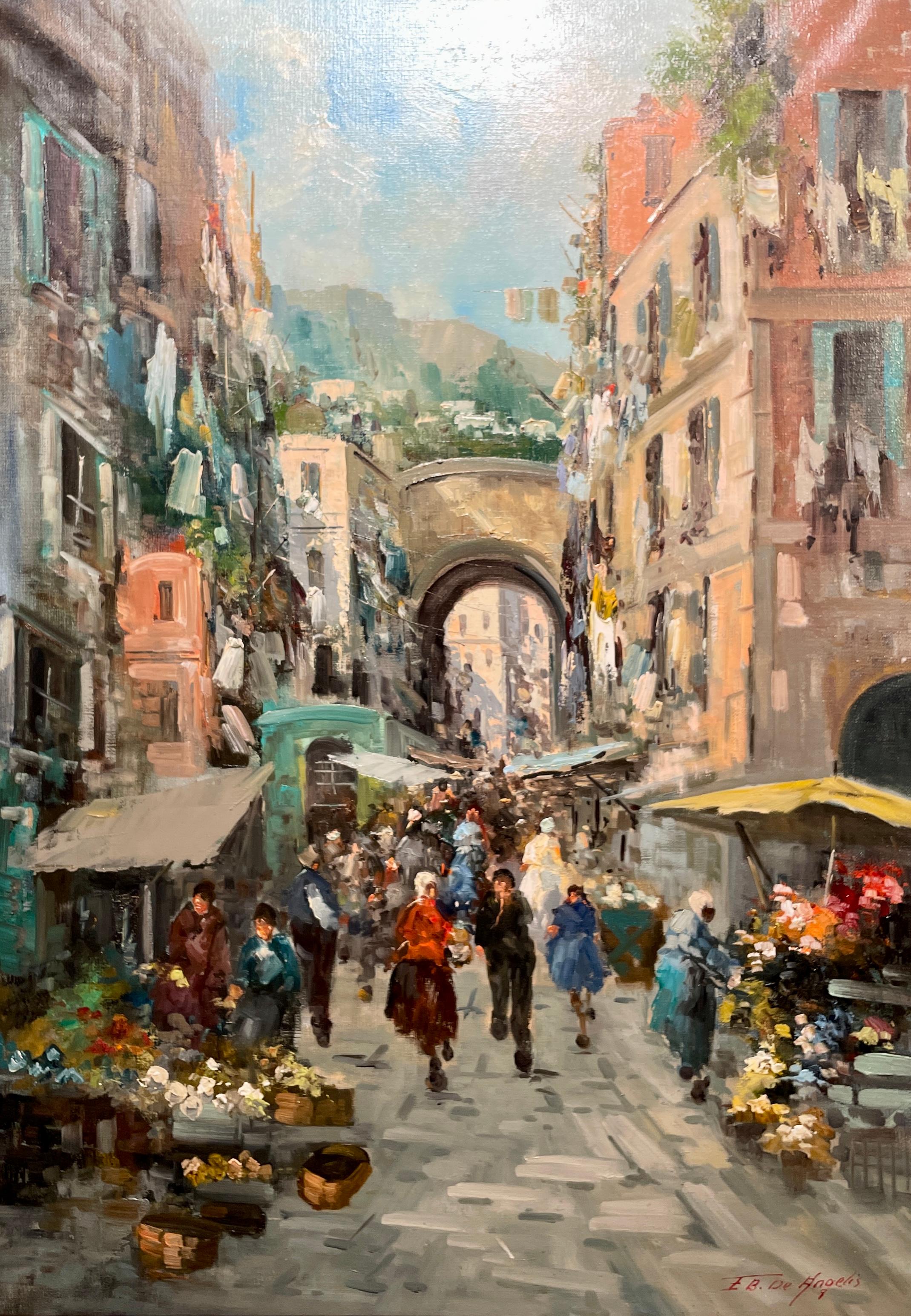 Antique early 20th century Italian oil on canvas street scene signed 