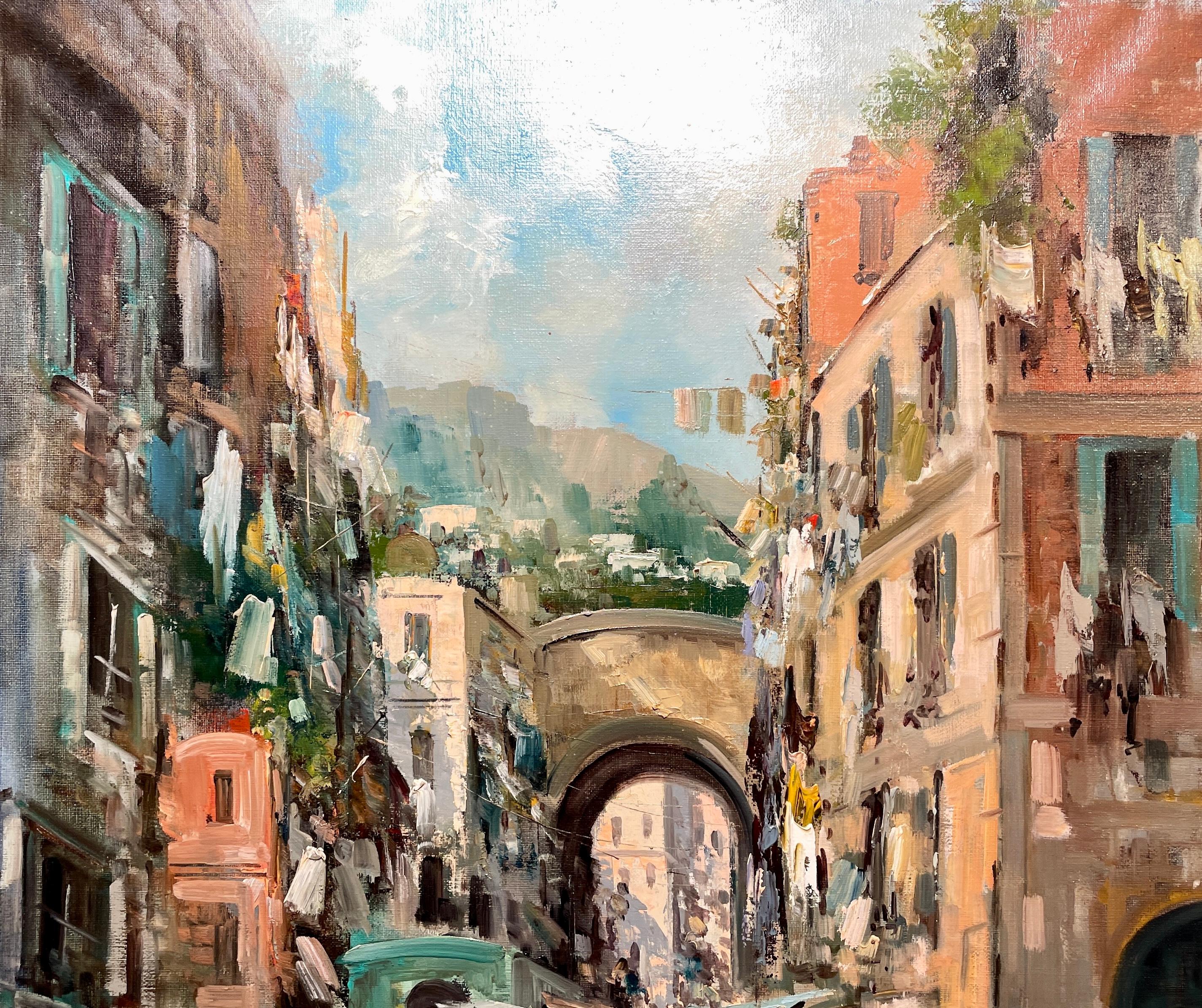 Antique Early 20th Century Italian Oil on Canvas Street Scene Signed De Angelis In Good Condition In New Orleans, LA