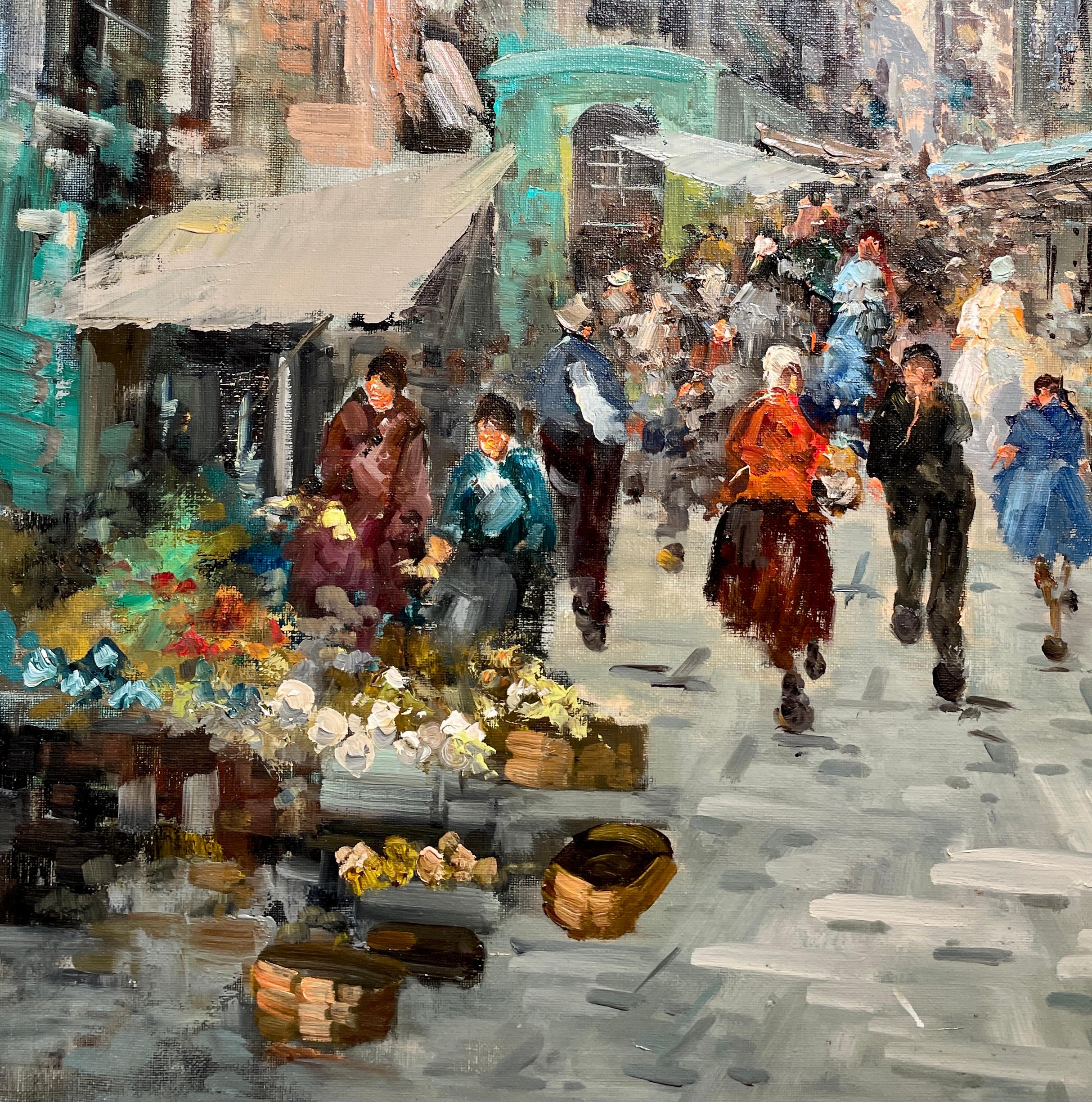 Antique Early 20th Century Italian Oil on Canvas Street Scene Signed De Angelis 1