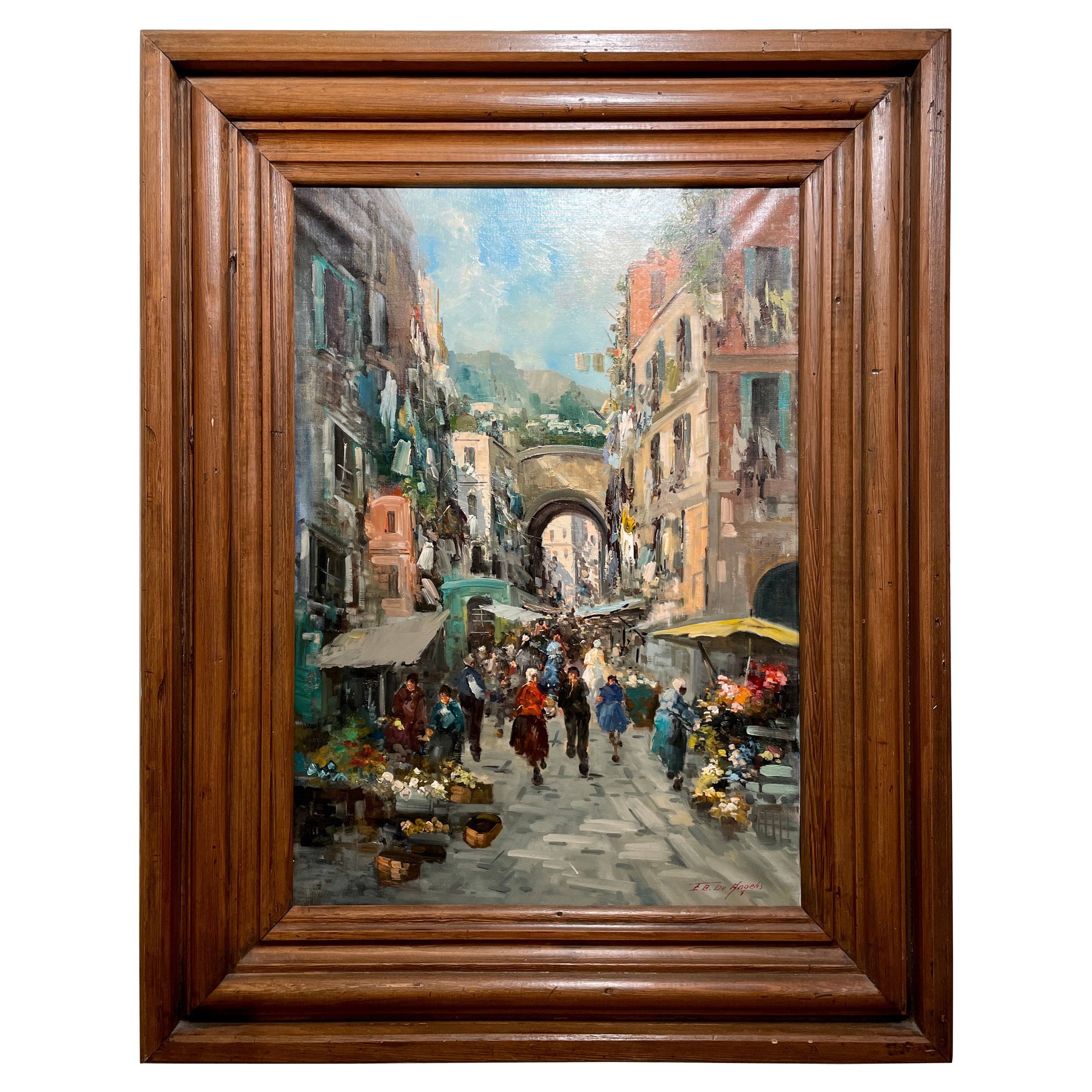 Antique Early 20th Century Italian Oil on Canvas Street Scene Signed De Angelis