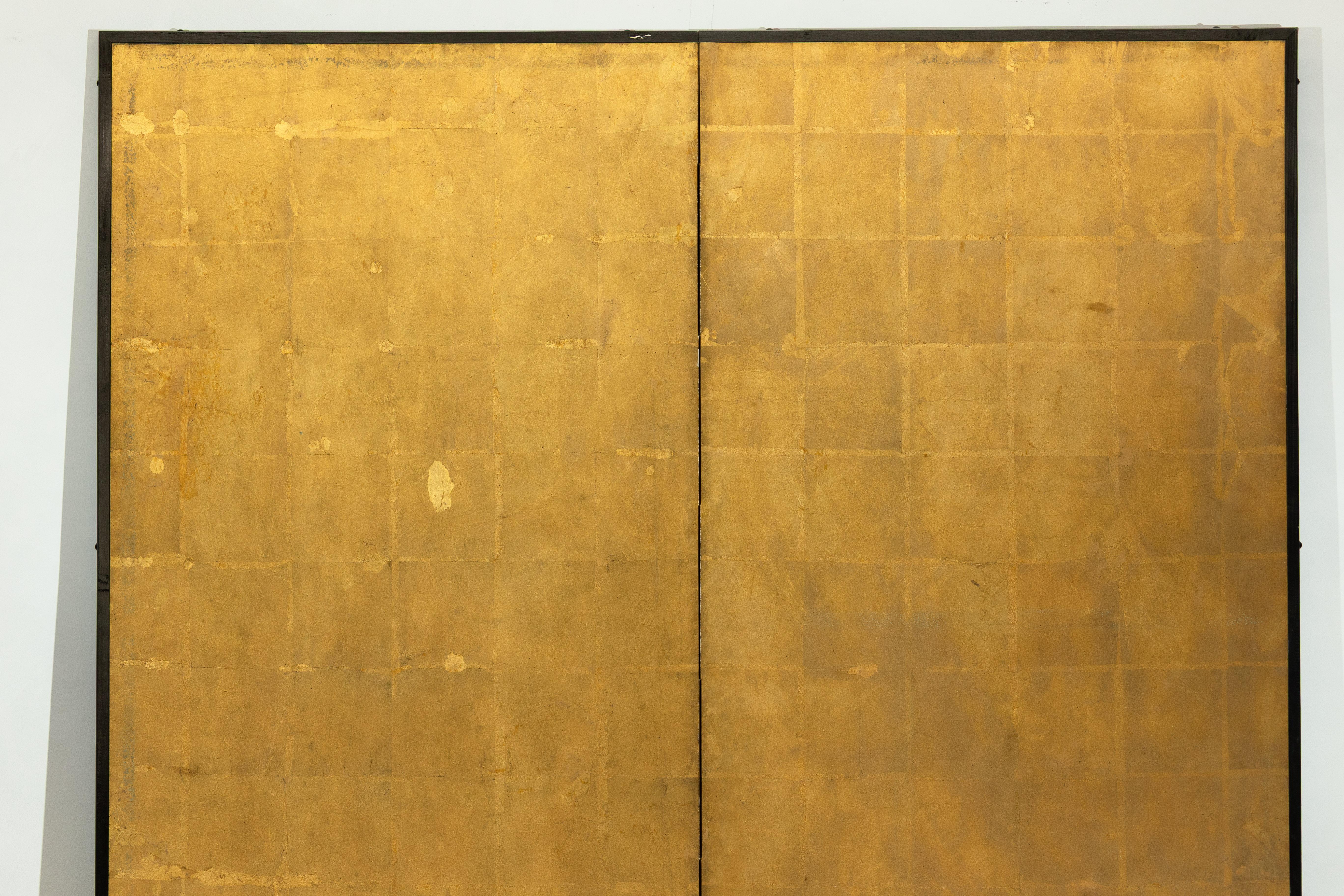 Antique Early 20th-Century Japanese Two-Panel Gold-Leaf Byōbu Screen For Sale 4