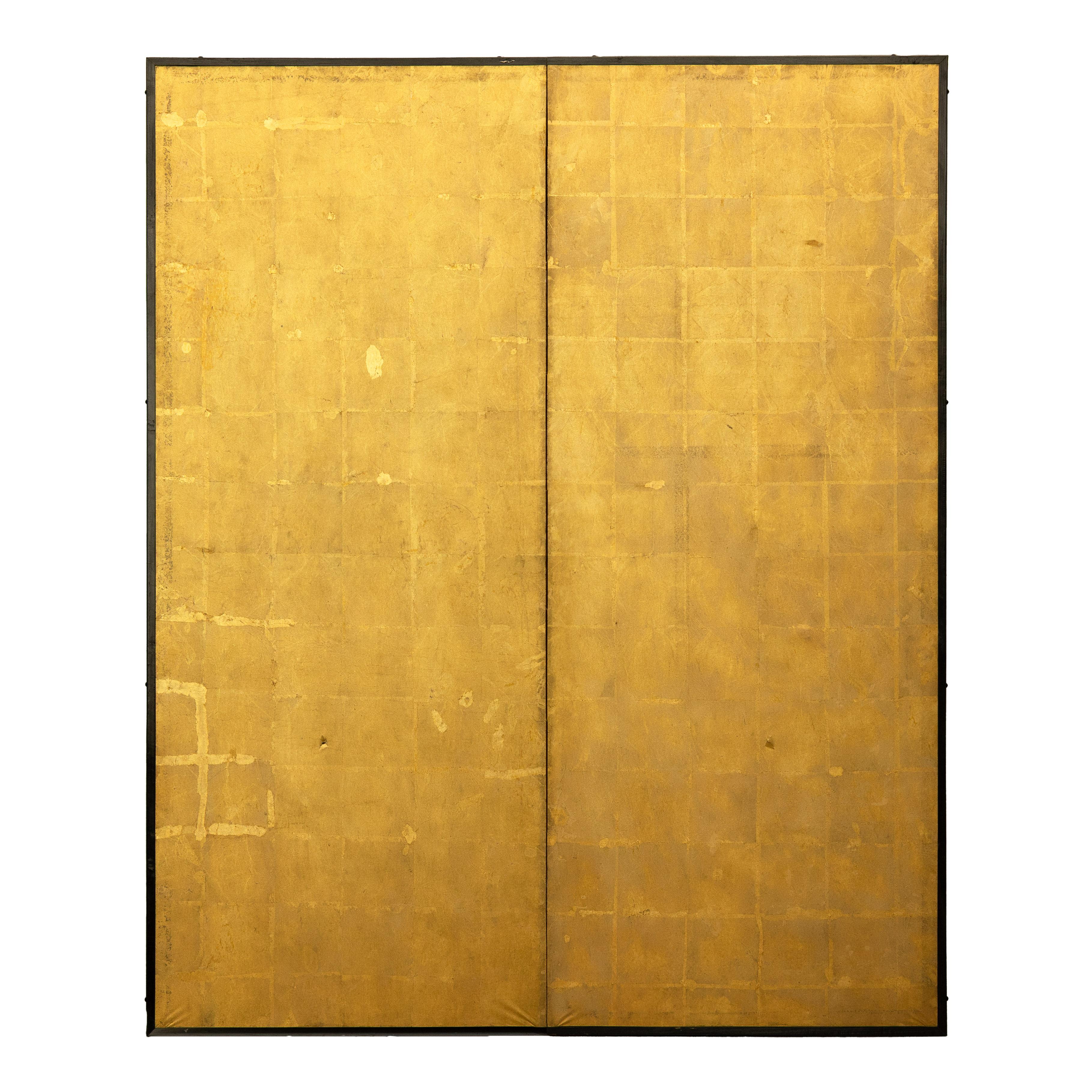 Antique Early 20th-Century Japanese Two-Panel Gold-Leaf Byōbu Screen For Sale 12