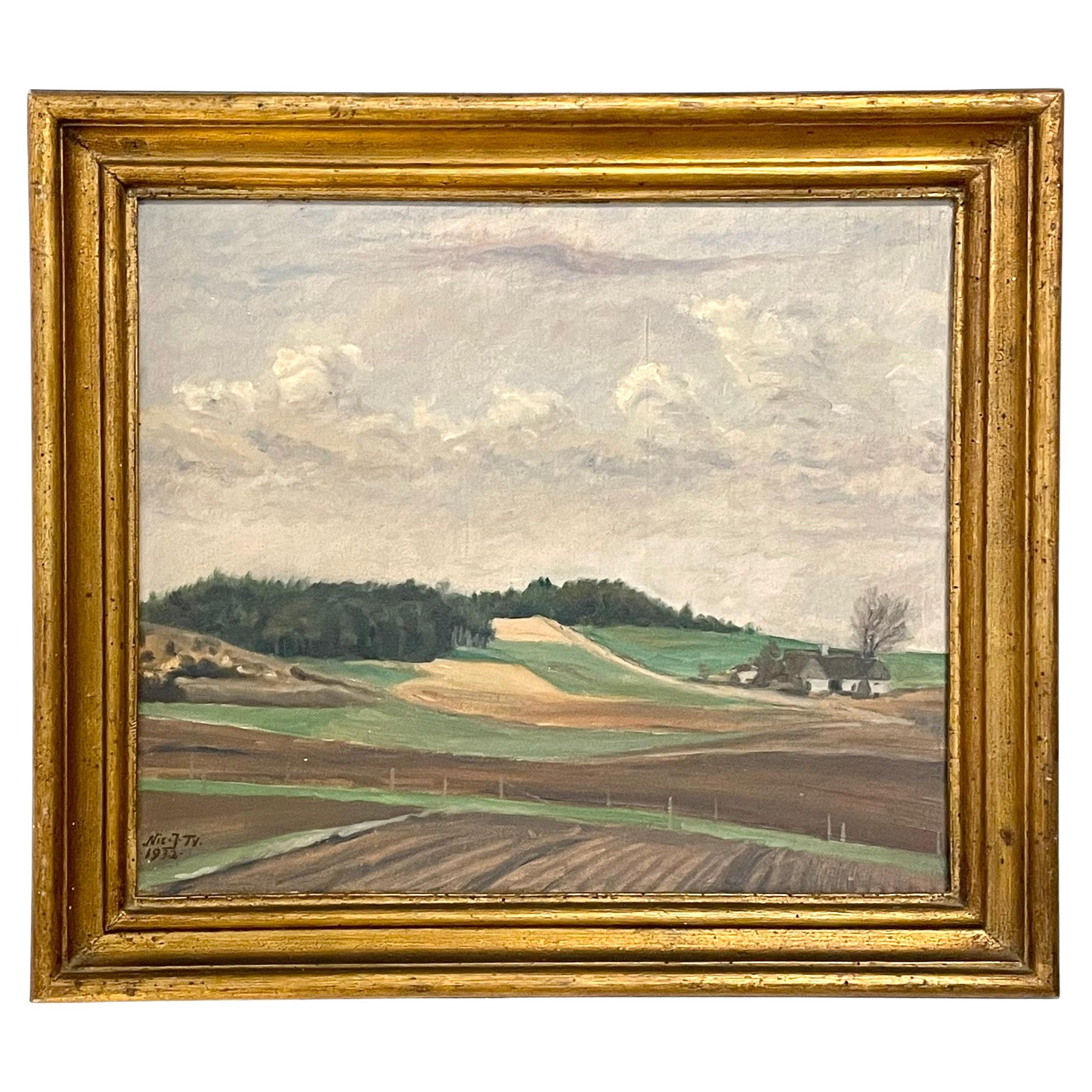 Antico dipinto ad olio di paesaggio del primo Novecento di Nicolai Tving, Danimarca